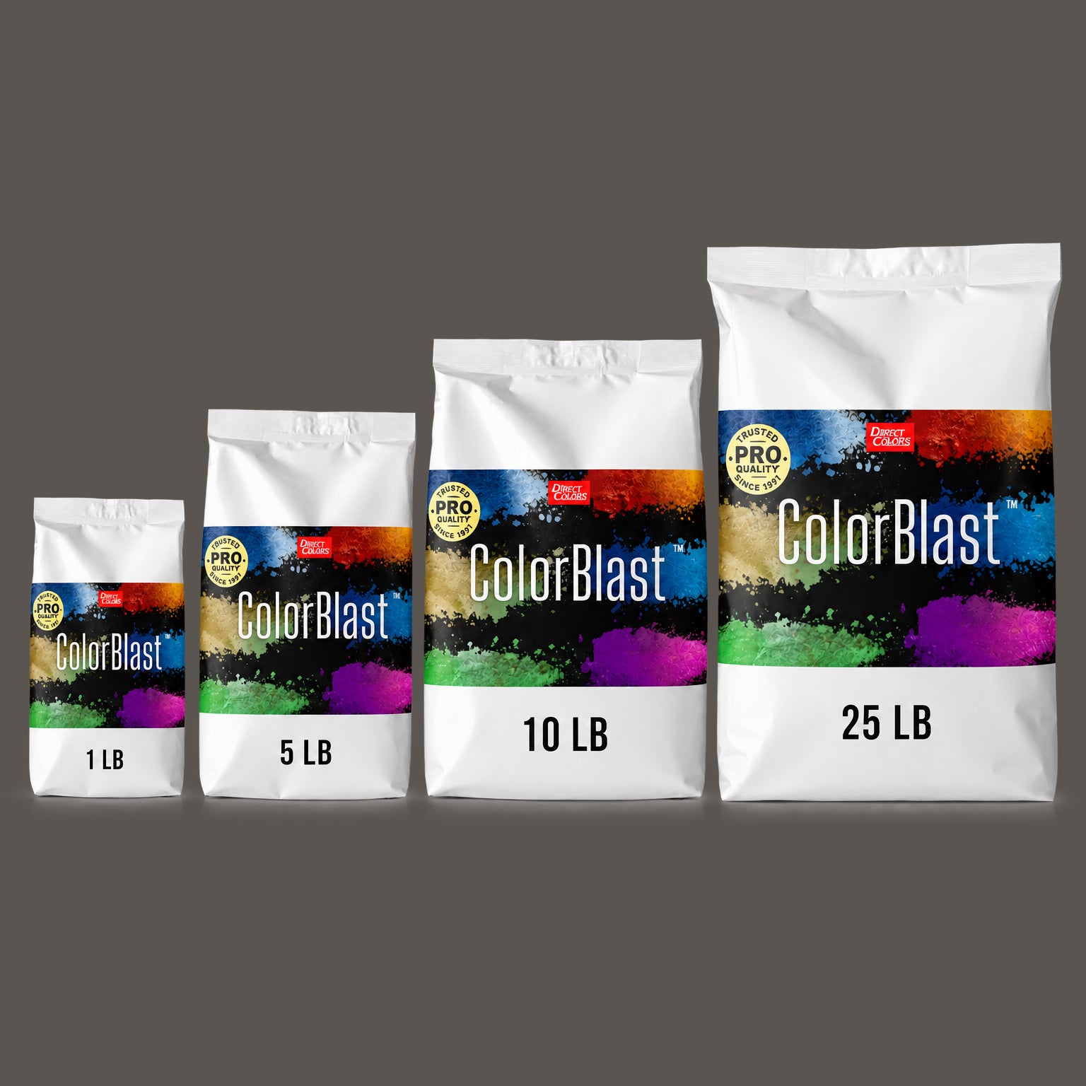 Smokestack concrete pigment powder — Direct Colors color 102, 5 lb per 94 lb sack, cured over grey cement shown with the product bag