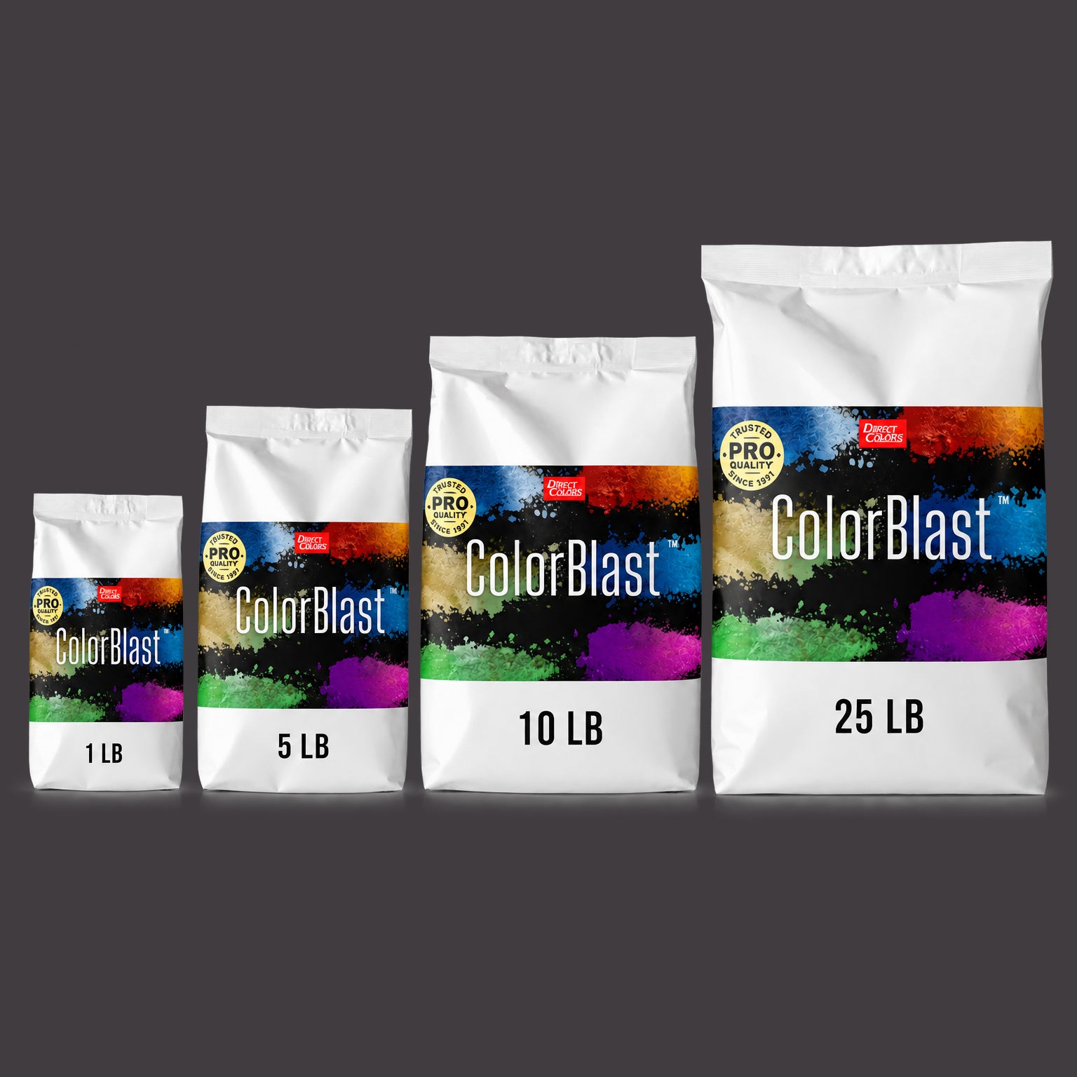 Graphite concrete pigment powder — Direct Colors color 102, 7 lb per 94 lb sack, cured over grey cement shown with the product bag