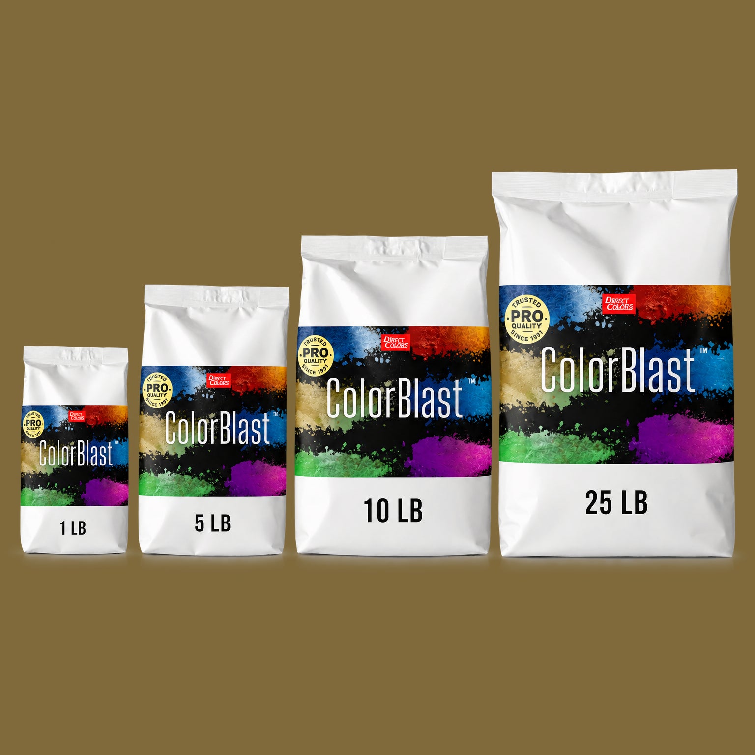 Peanut concrete pigment powder — Direct Colors color 103, 7 lb per 94 lb sack, cured over grey cement shown with the product bag
