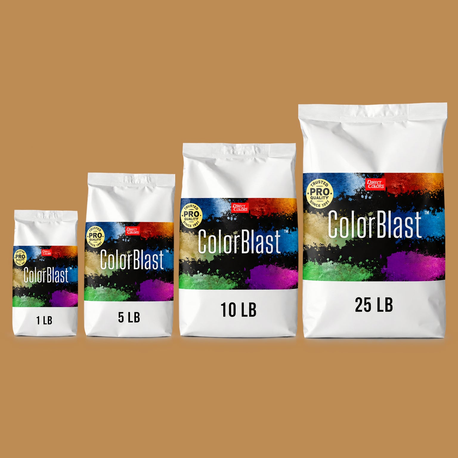 Briar Buff concrete pigment powder — Direct Colors color 104, 3 lb per 94 lb sack, cured over grey cement shown with the product bag