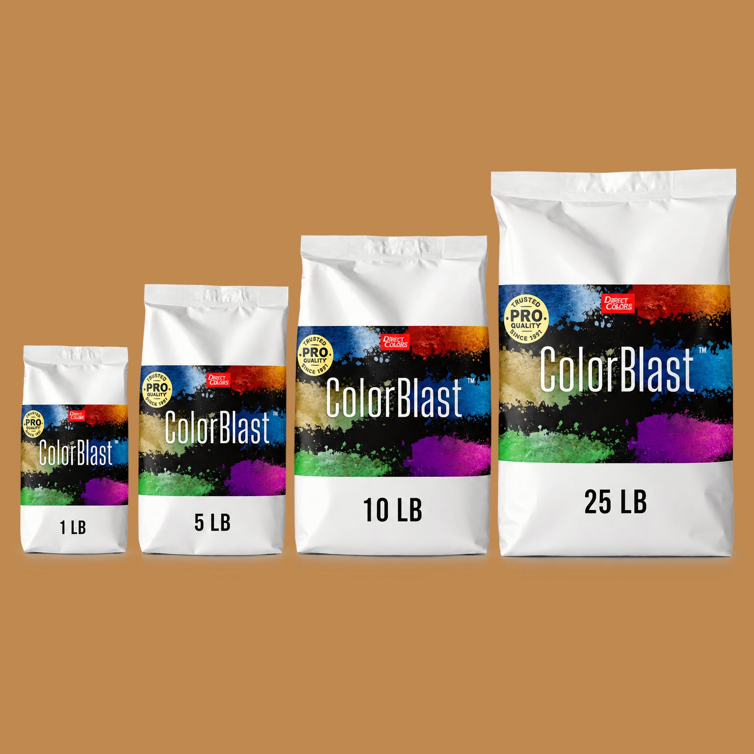 Cider concrete pigment powder — Direct Colors color 104, 5 lb per 94 lb sack, cured over grey cement shown with the product bag