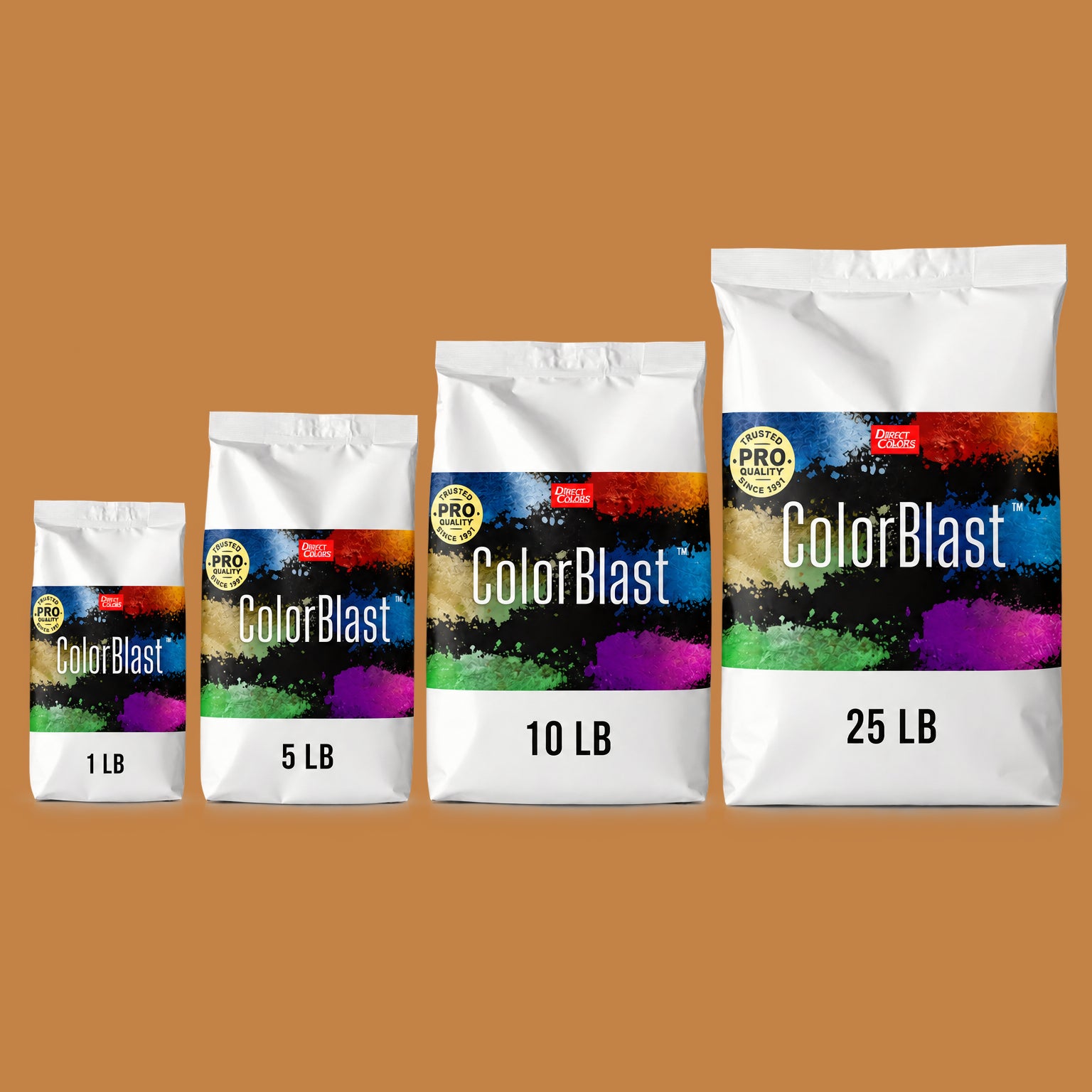 Mandarin concrete pigment powder — Direct Colors color 104, 7 lb per 94 lb sack, cured over grey cement shown with the product bag