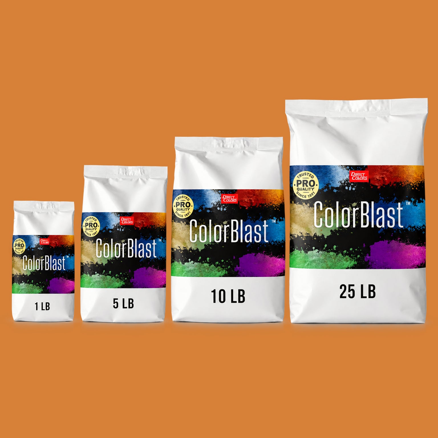Canyon Brown concrete pigment powder — Direct Colors color 105, 5 lb per 94 lb sack, cured over grey cement shown with the product bag
