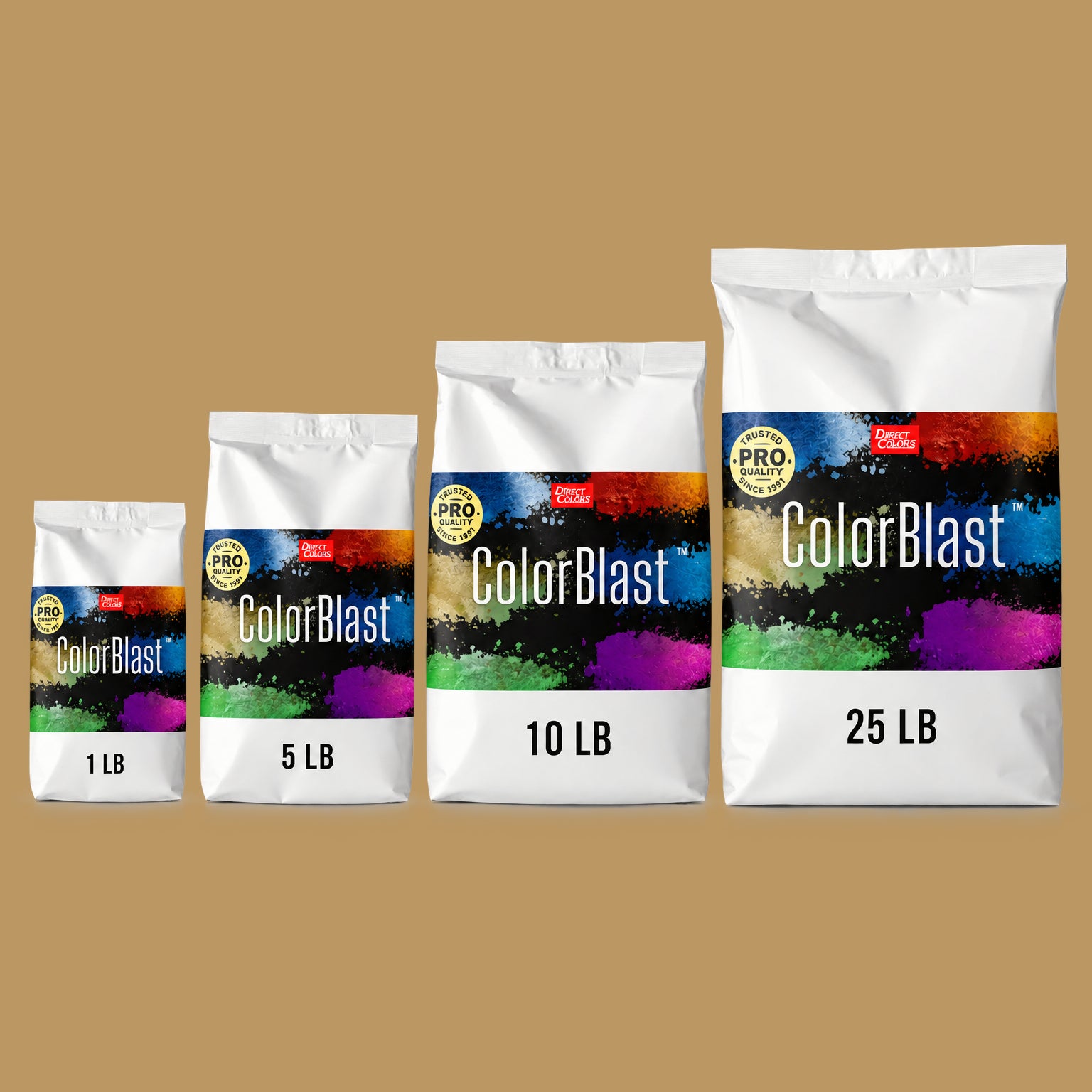 Macadamia concrete pigment powder — Direct Colors color 107, 1 lb per 94 lb sack, cured over grey cement shown with the product bag