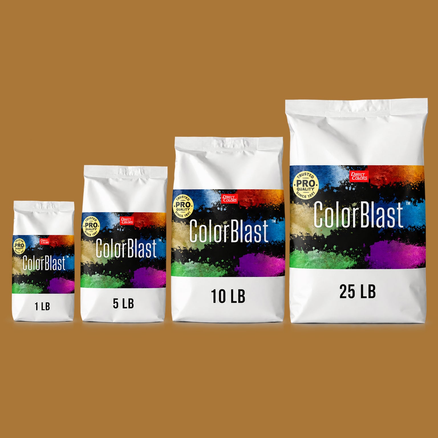 Gold concrete pigment powder — Direct Colors color 107, 3 lb per 94 lb sack, cured over grey cement shown with the product bag