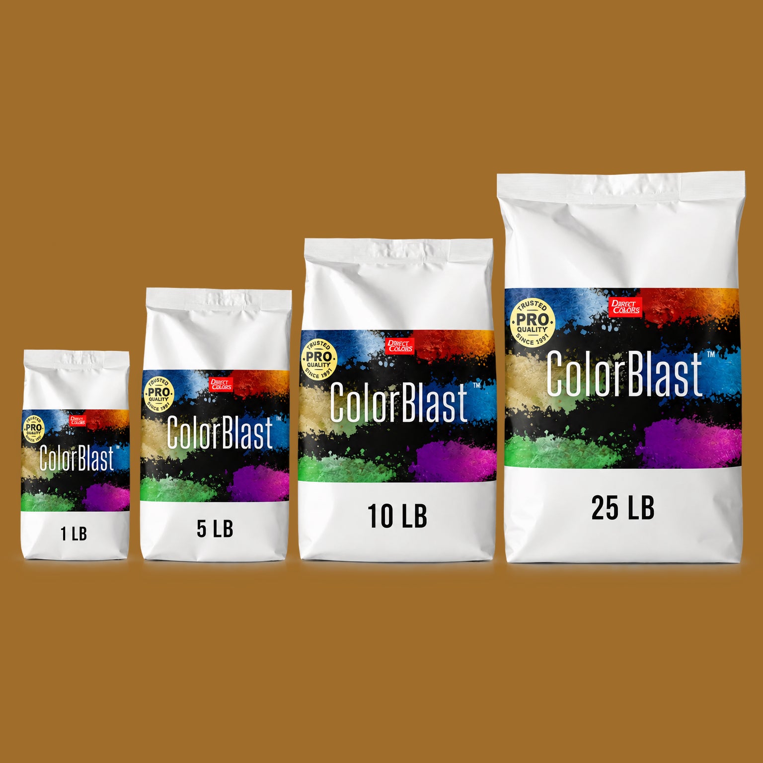 Cognac concrete pigment powder — Direct Colors color 107, 5 lb per 94 lb sack, cured over grey cement shown with the product bag