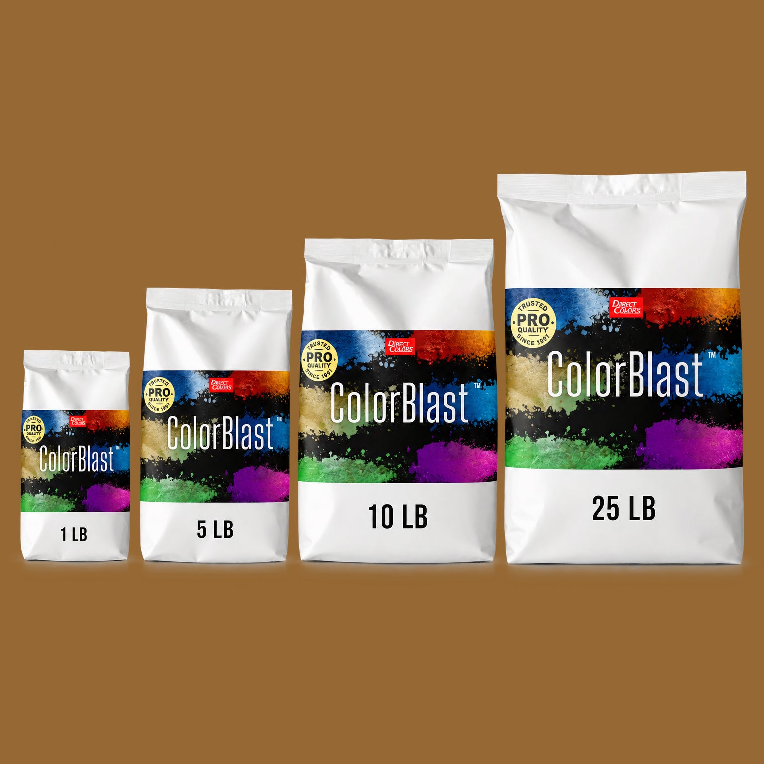 Outback concrete pigment powder — Direct Colors color 107, 7 lb per 94 lb sack, cured over grey cement shown with the product bag