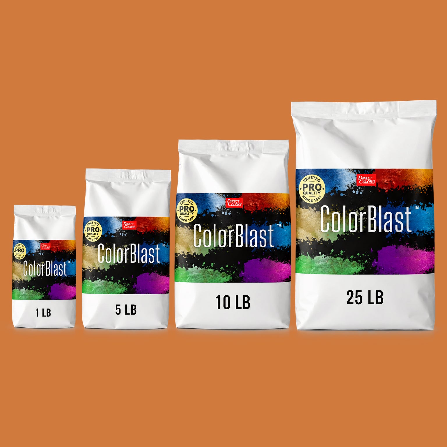 Persimmon concrete pigment powder — Direct Colors color 108, 3 lb per 94 lb sack, cured over grey cement shown with the product bag