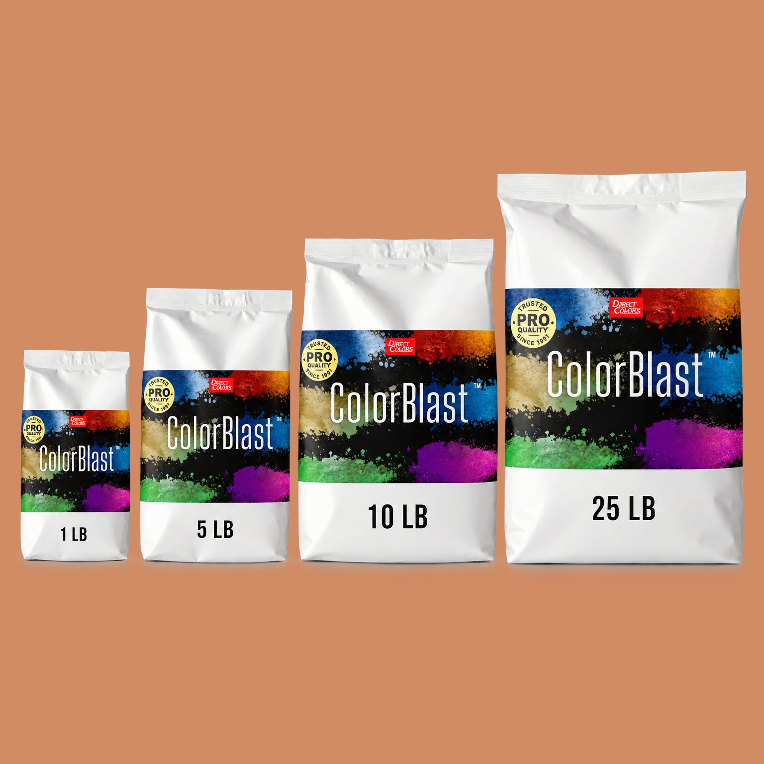 Peach Begonia concrete pigment powder — Direct Colors color 109, 1 lb per 94 lb sack, cured over grey cement shown with the product bag