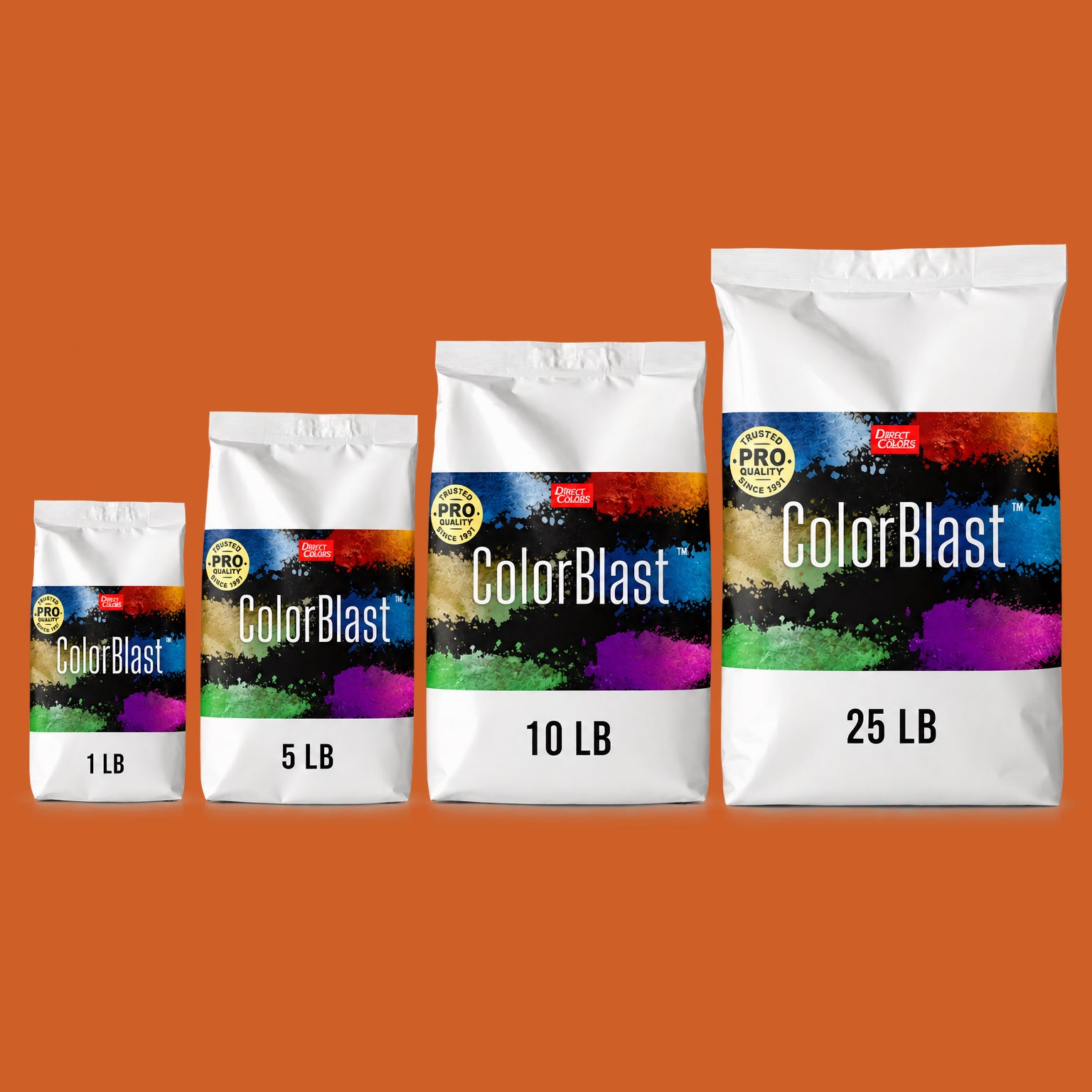 Terracotta concrete pigment powder — Direct Colors color 109, 5 lb per 94 lb sack, cured over grey cement shown with the product bag