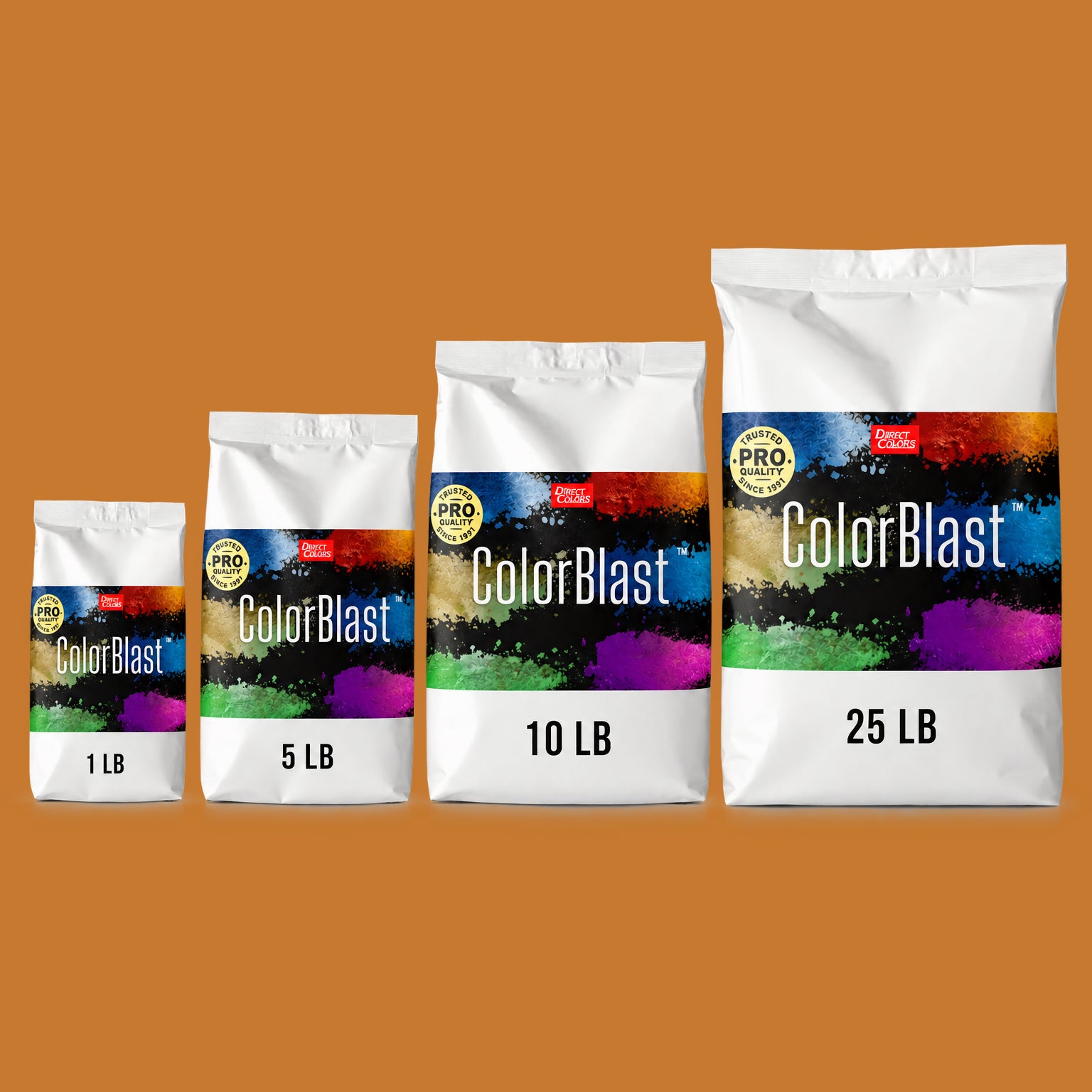 Calamondin concrete pigment powder — Direct Colors color 110, 7 lb per 94 lb sack, cured over grey cement shown with the product bag