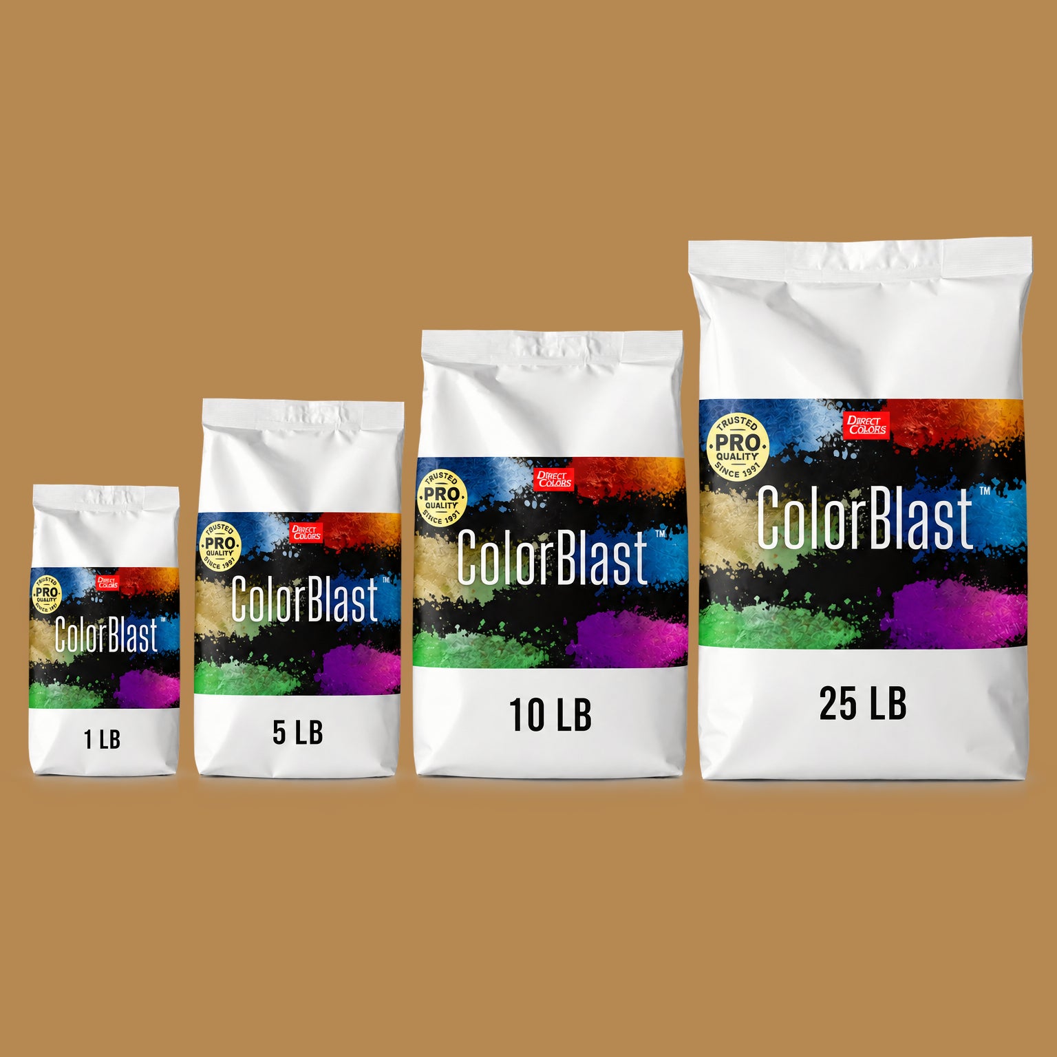 Harvest Gold concrete pigment powder — Direct Colors color 111, 3 lb per 94 lb sack, cured over grey cement shown with the product bag