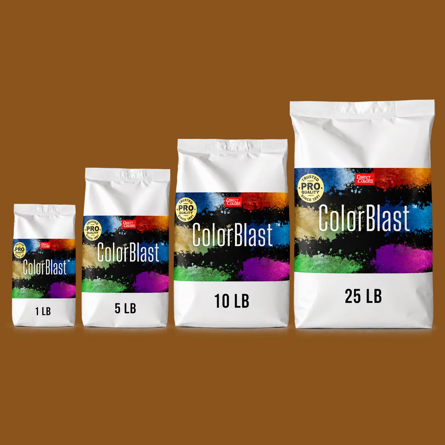 Fulvous concrete pigment powder — Direct Colors color 111, 7 lb per 94 lb sack, cured over grey cement shown with the product bag