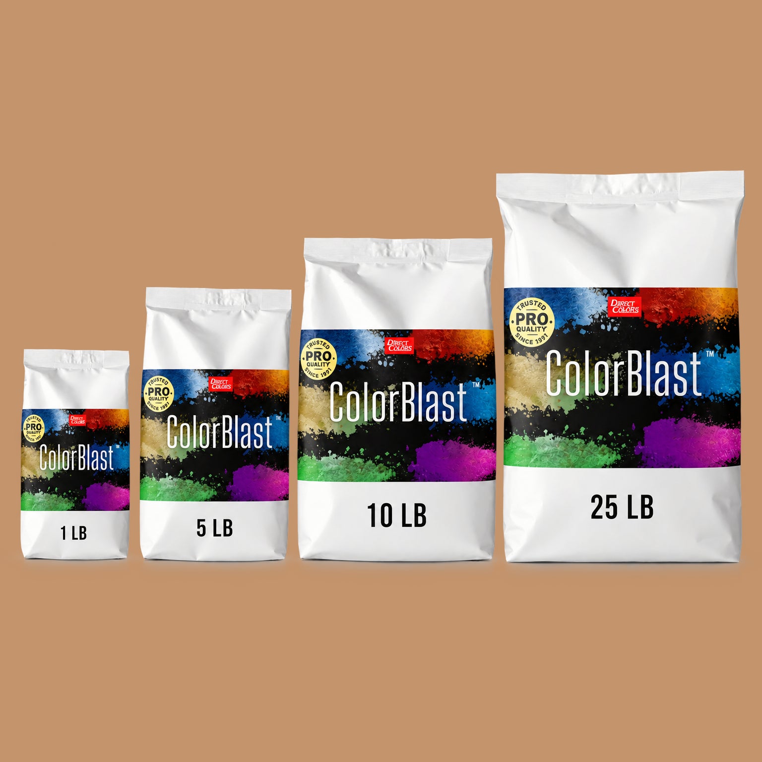 Mocha concrete pigment powder — Direct Colors color 112, 1 lb per 94 lb sack, cured over grey cement shown with the product bag