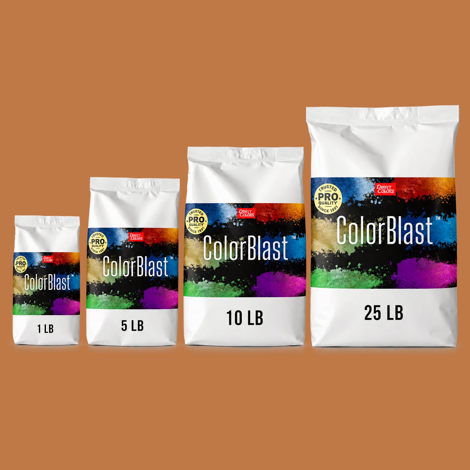 Rocky Crag concrete pigment powder — Direct Colors color 112, 3 lb per 94 lb sack, cured over grey cement shown with the product bag
