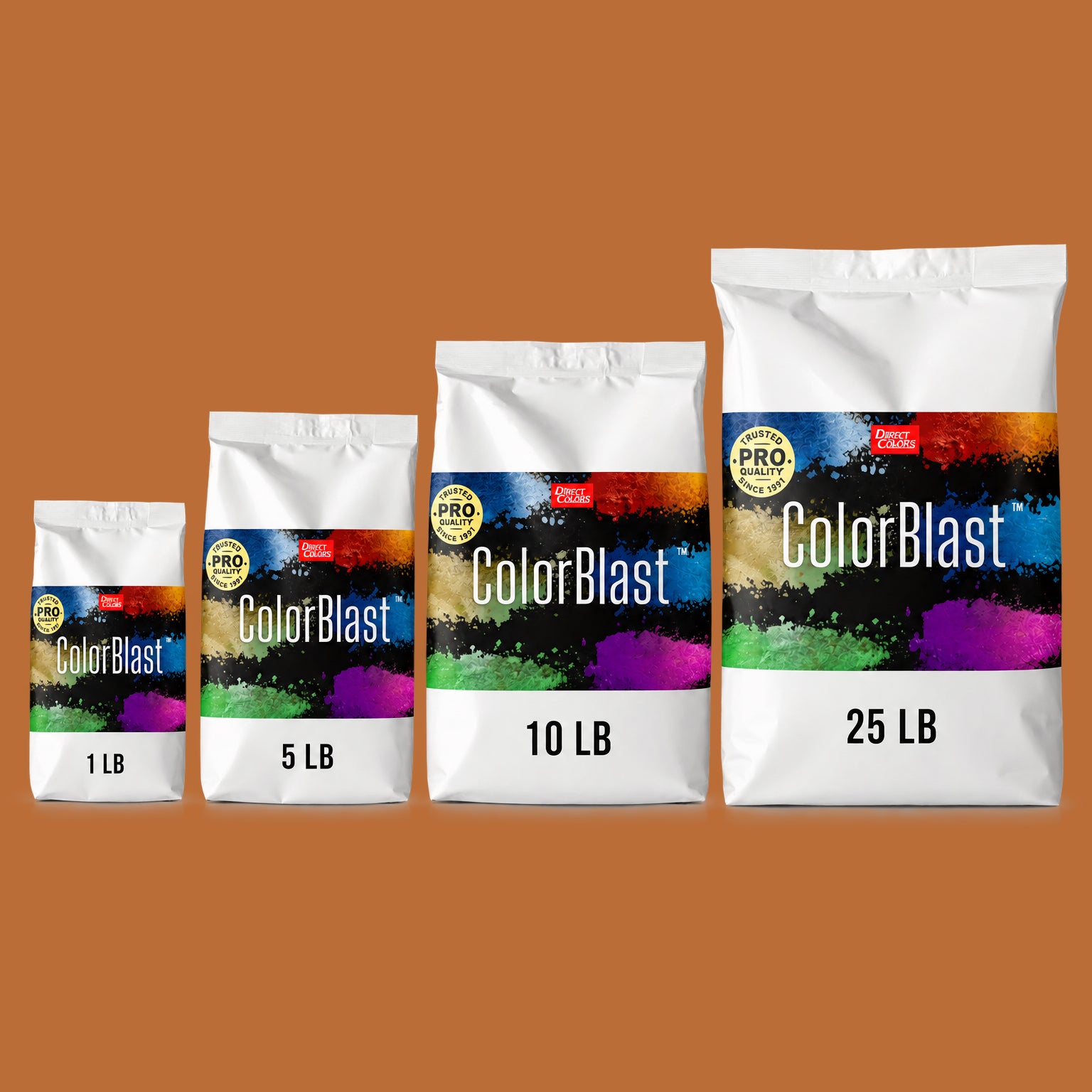 Spice concrete pigment powder — Direct Colors color 112, 5 lb per 94 lb sack, cured over grey cement shown with the product bag