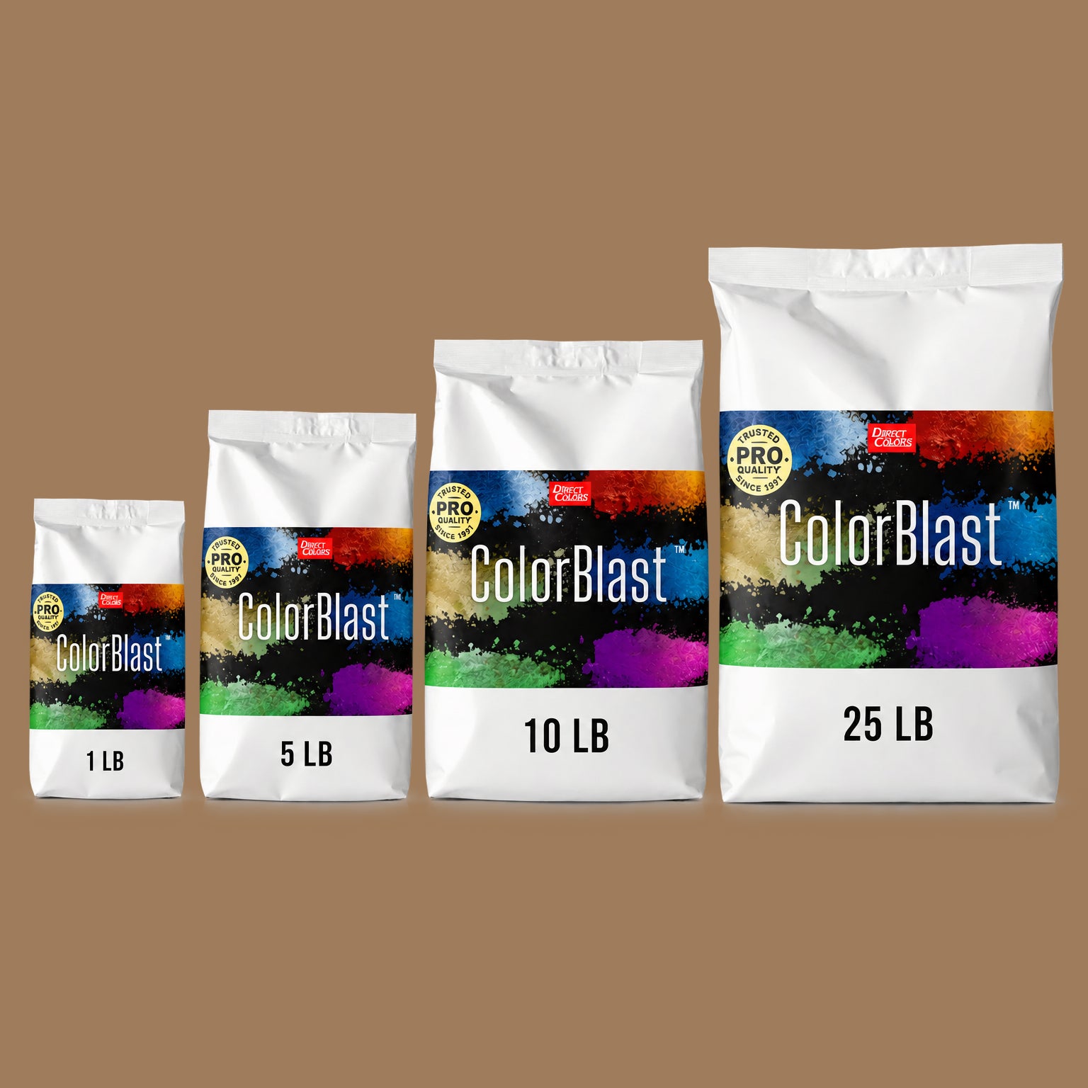 Tobacco concrete pigment powder — Direct Colors color 113, 3 lb per 94 lb sack, cured over grey cement shown with the product bag