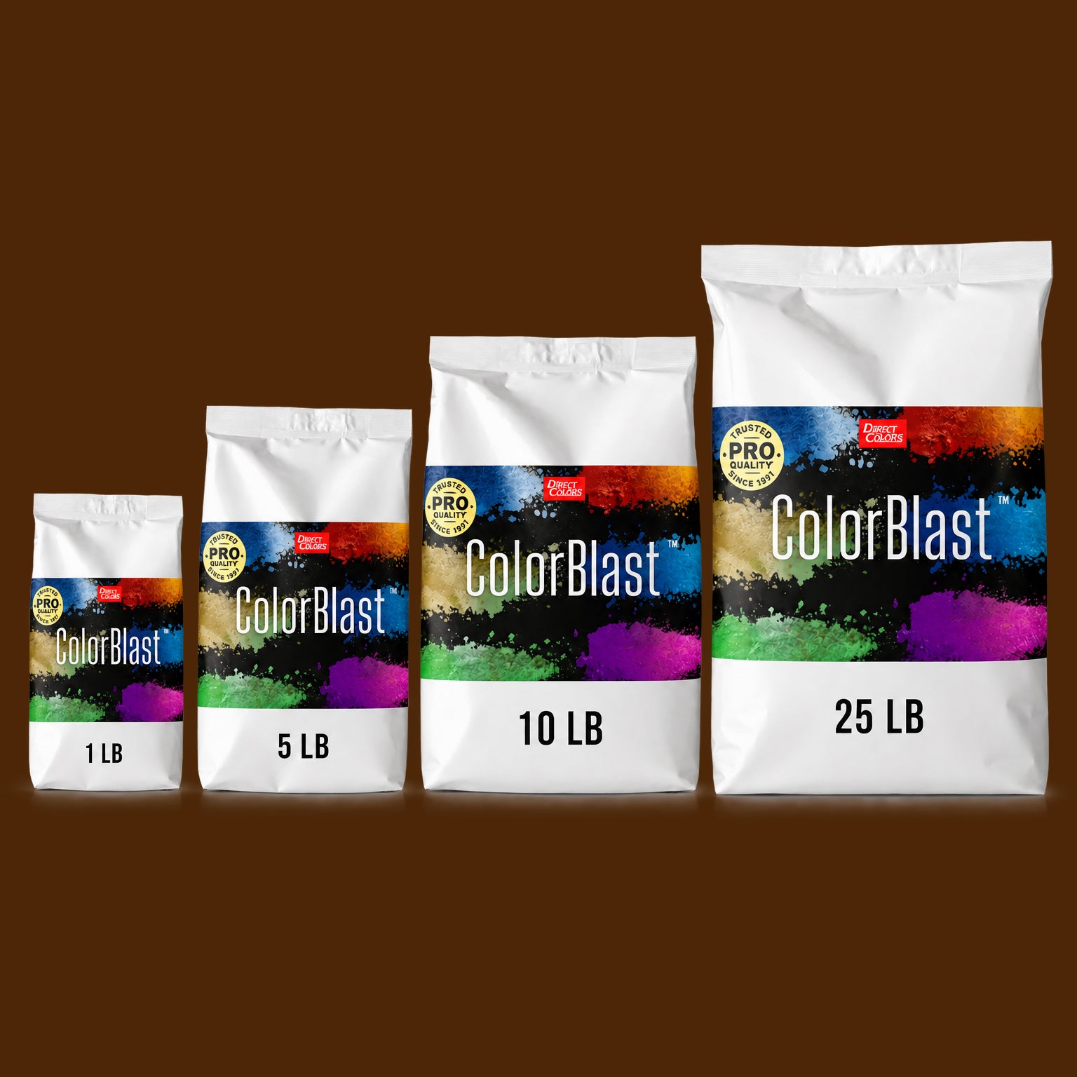 Chestnut concrete pigment powder — Direct Colors color 113, 7 lb per 94 lb sack, cured over grey cement shown with the product bag