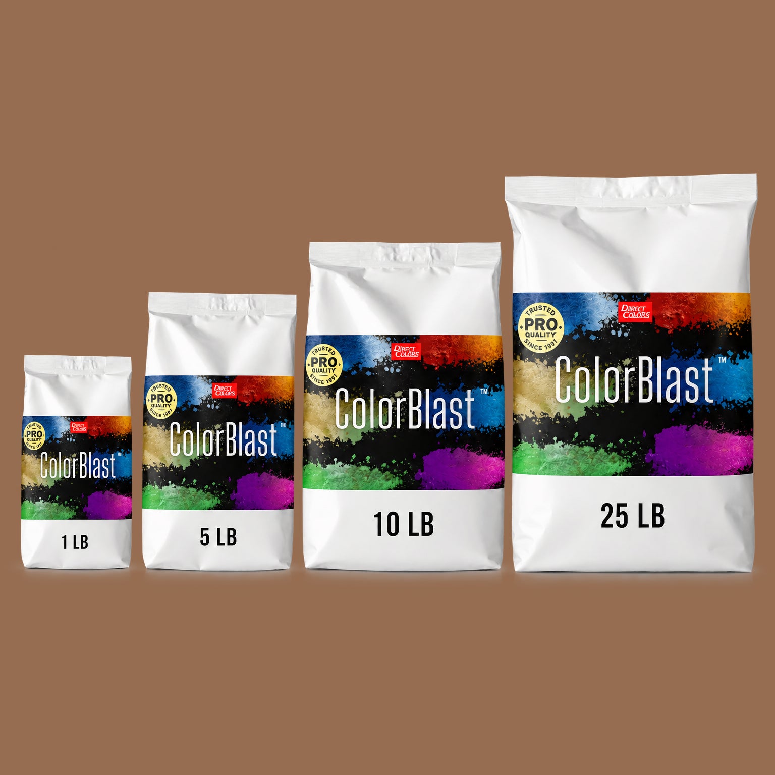 Cocoa Brown concrete pigment powder — Direct Colors color 115, 3 lb per 94 lb sack, cured over grey cement shown with the product bag