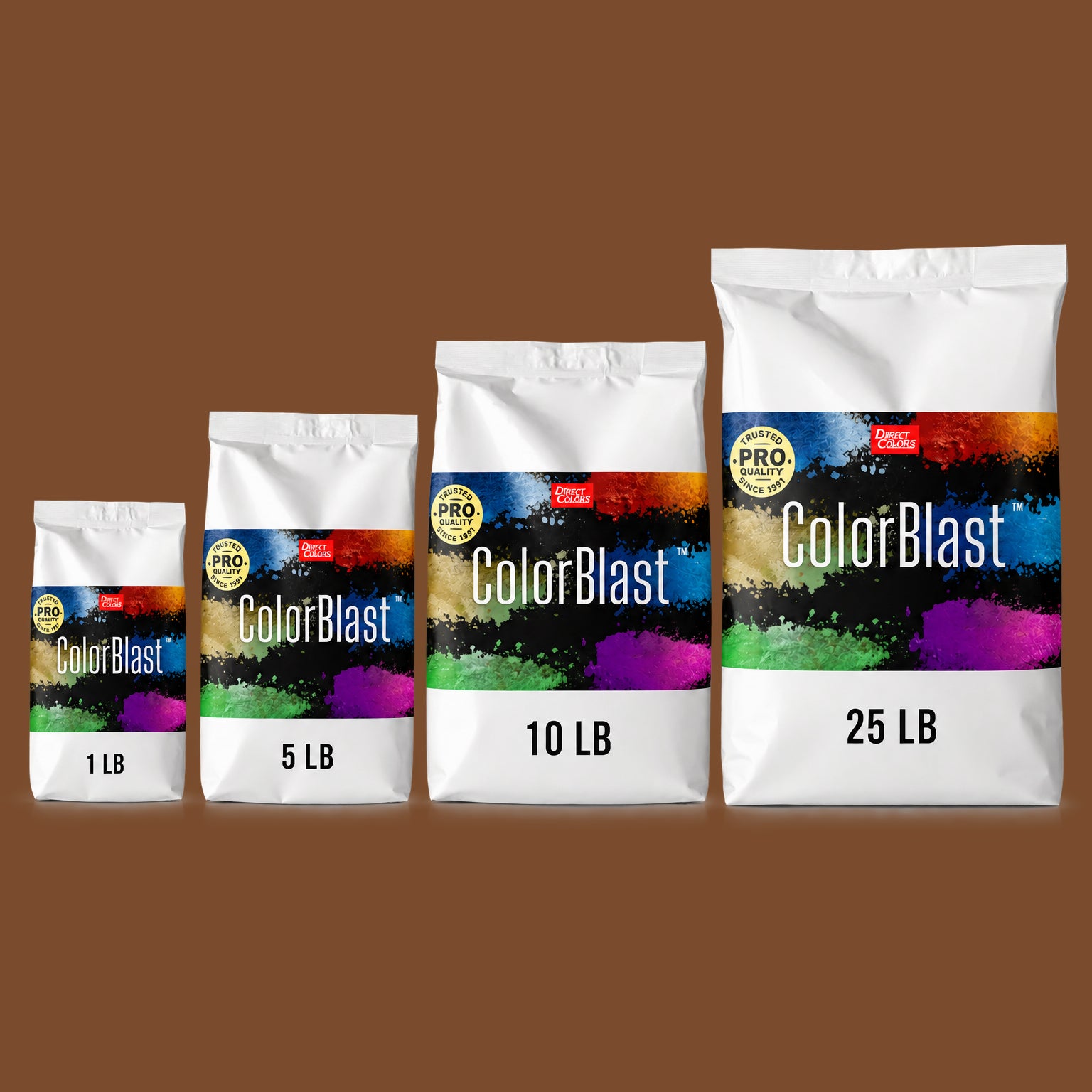 Macchiato concrete pigment powder — Direct Colors color 115, 5 lb per 94 lb sack, cured over grey cement shown with the product bag