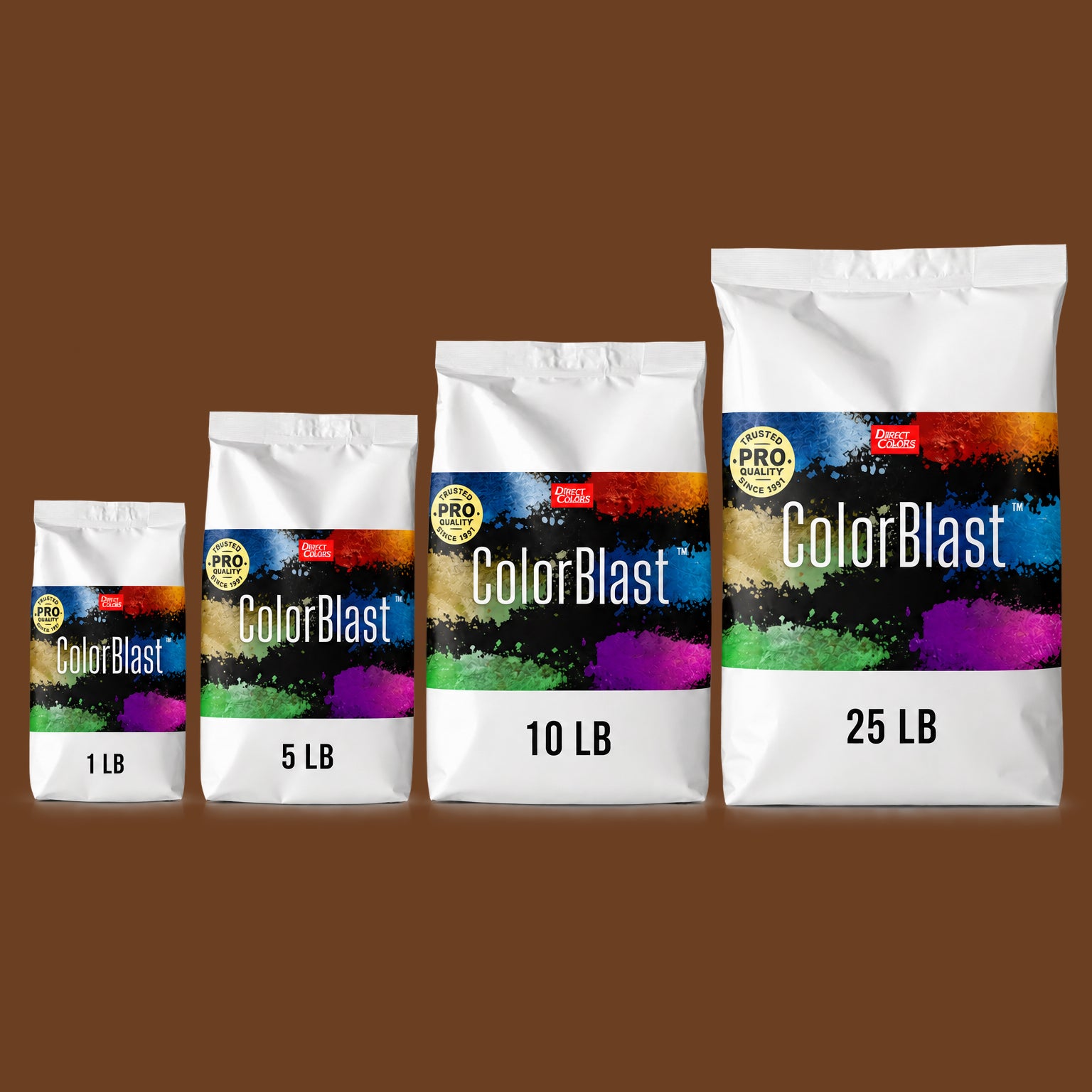 Brown Leather concrete pigment powder — Direct Colors color 115, 7 lb per 94 lb sack, cured over grey cement shown with the product bag