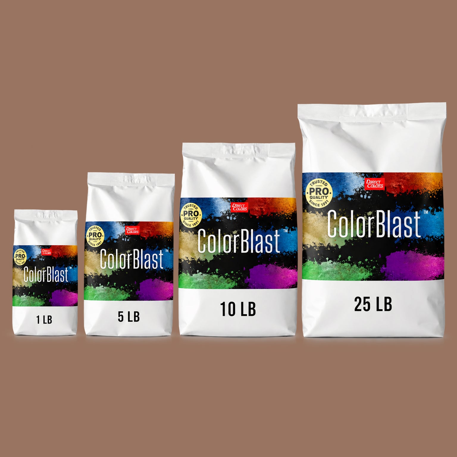 Milk Chocolate concrete pigment powder — Direct Colors color 116, 1 lb per 94 lb sack, cured over grey cement shown with the product bag