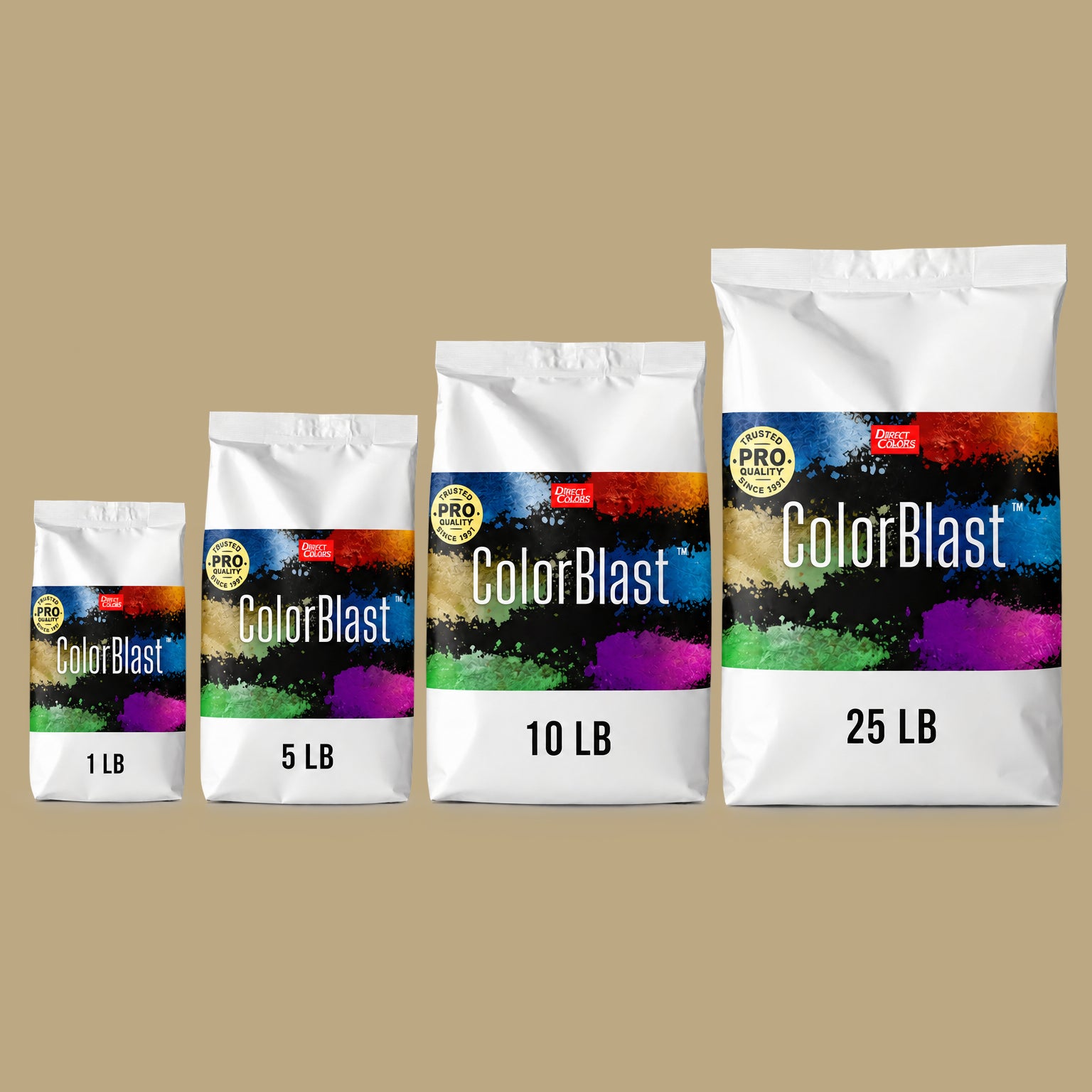 Winterfield Buff concrete pigment powder — Direct Colors color 118, 1 lb per 94 lb sack, cured over grey cement shown with the product bag