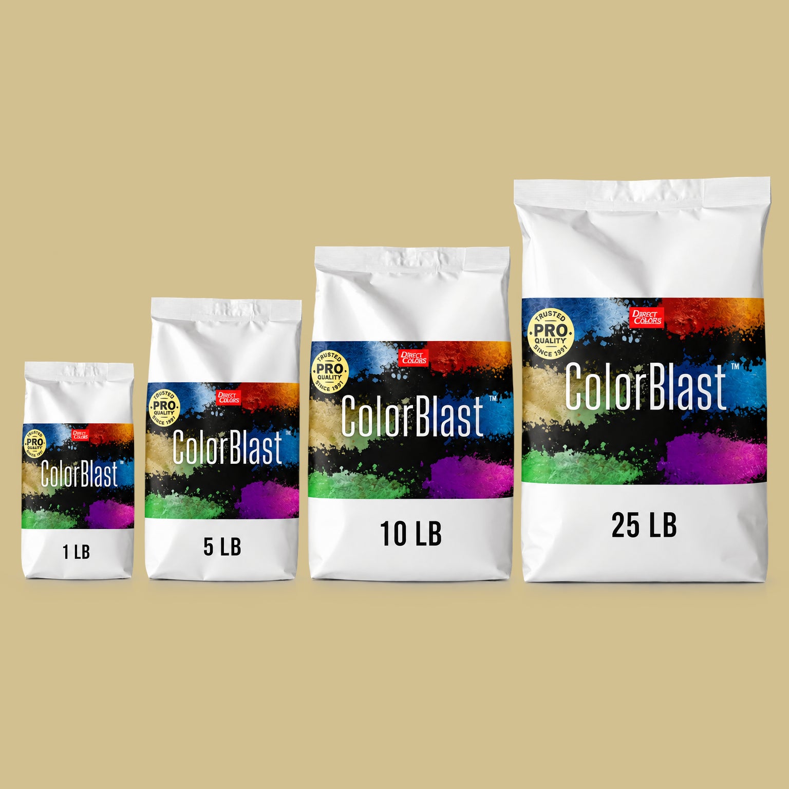 Sunray concrete pigment powder — Direct Colors color 119, 1 lb per 94 lb sack, cured over grey cement shown with the product bag