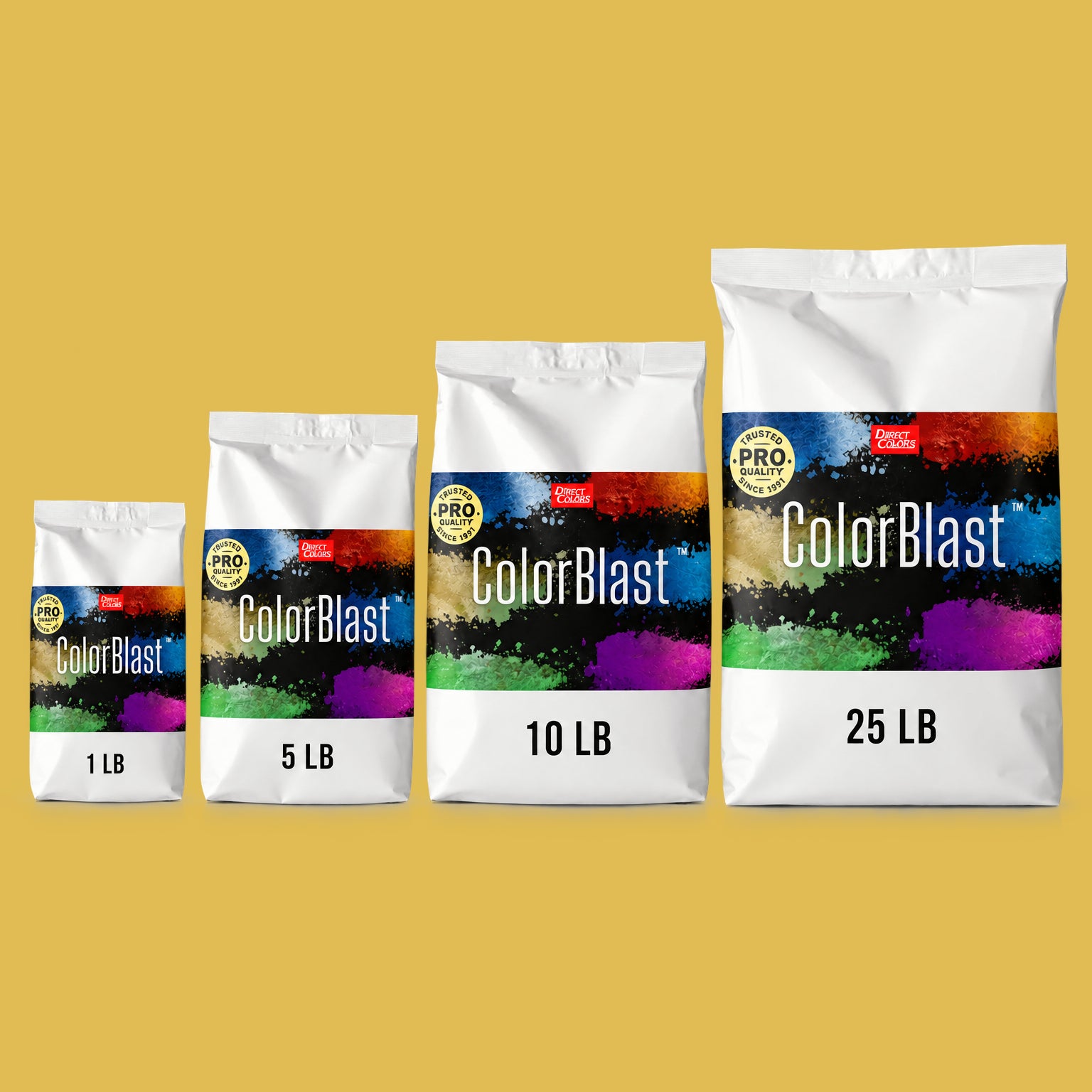 Tarnished Brass concrete pigment powder — Direct Colors color 119, 3 lb per 94 lb sack, cured over grey cement shown with the product bag