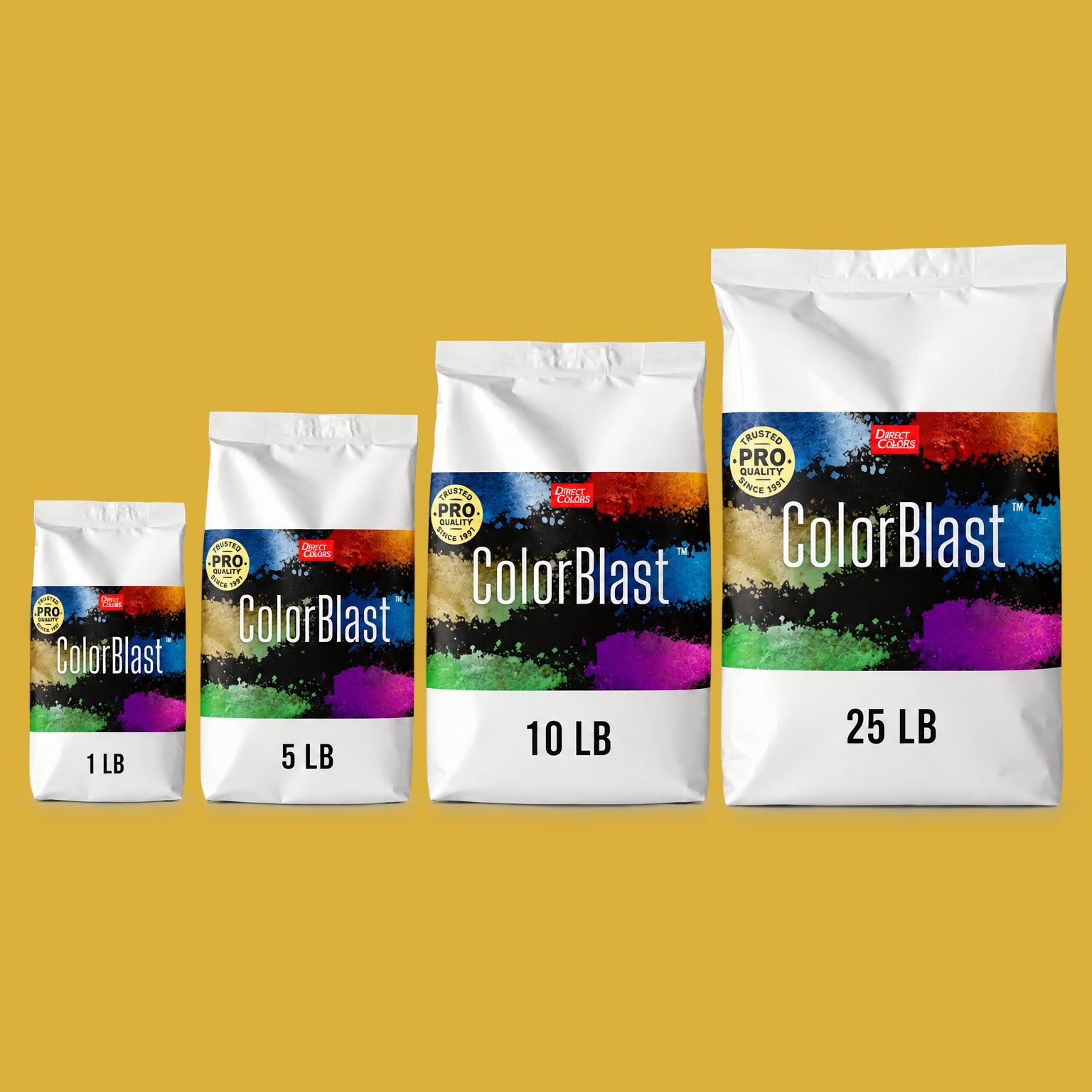 Marigold concrete pigment powder — Direct Colors color 119, 5 lb per 94 lb sack, cured over grey cement shown with the product bag