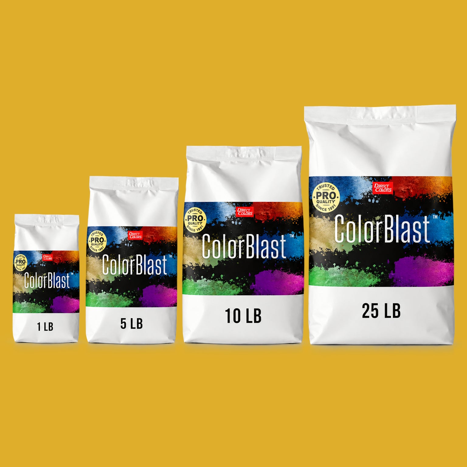 Mustard concrete pigment powder — Direct Colors color 119, 7 lb per 94 lb sack, cured over grey cement shown with the product bag