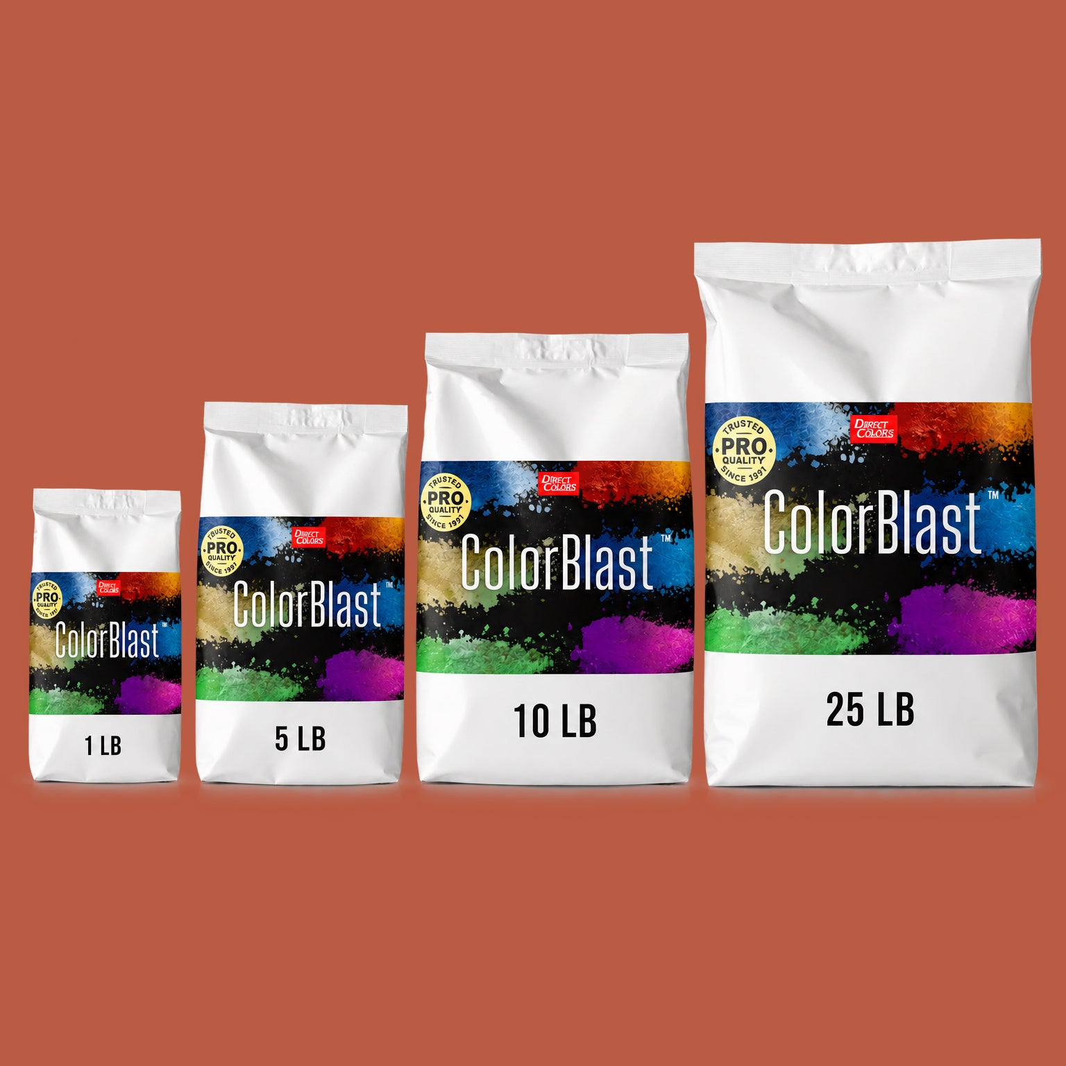 Sinopia concrete pigment powder — Direct Colors color 120, 3 lb per 94 lb sack, cured over grey cement shown with the product bag