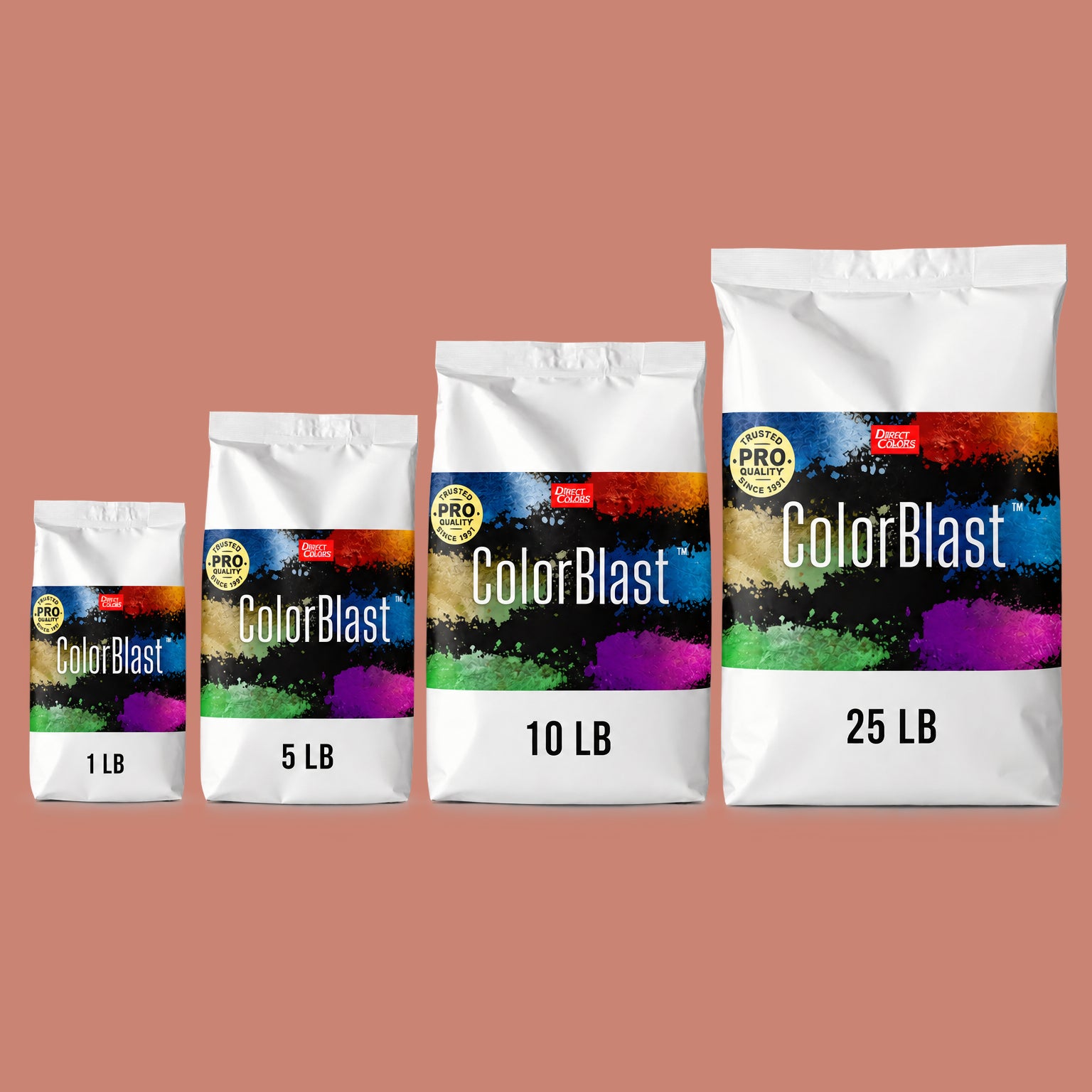 Sundried Tomato concrete pigment powder — Direct Colors color 121, 1 lb per 94 lb sack, cured over grey cement shown with the product bag