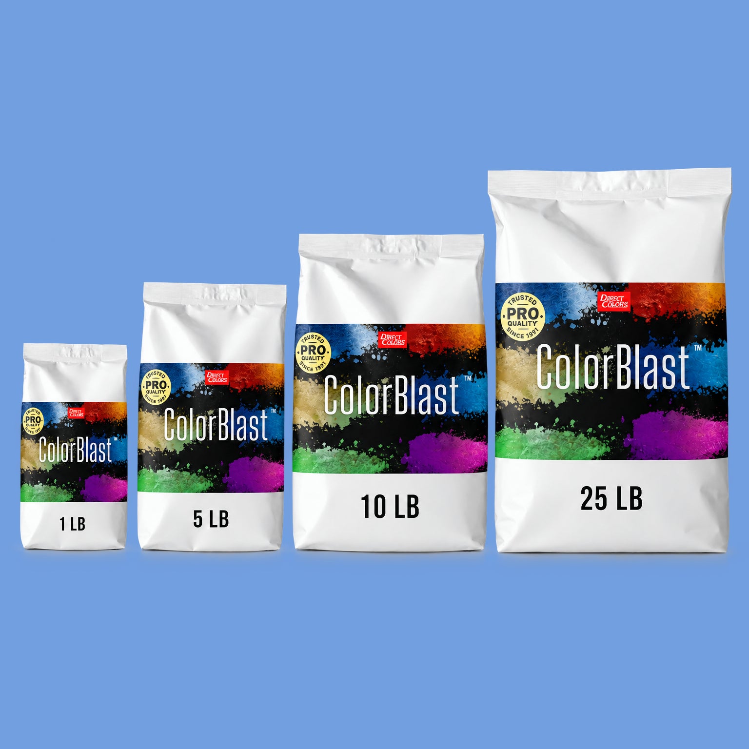 Steel Blue concrete pigment powder — Direct Colors color 202, 3 lb per 94 lb sack, cured over grey cement shown with the product bag