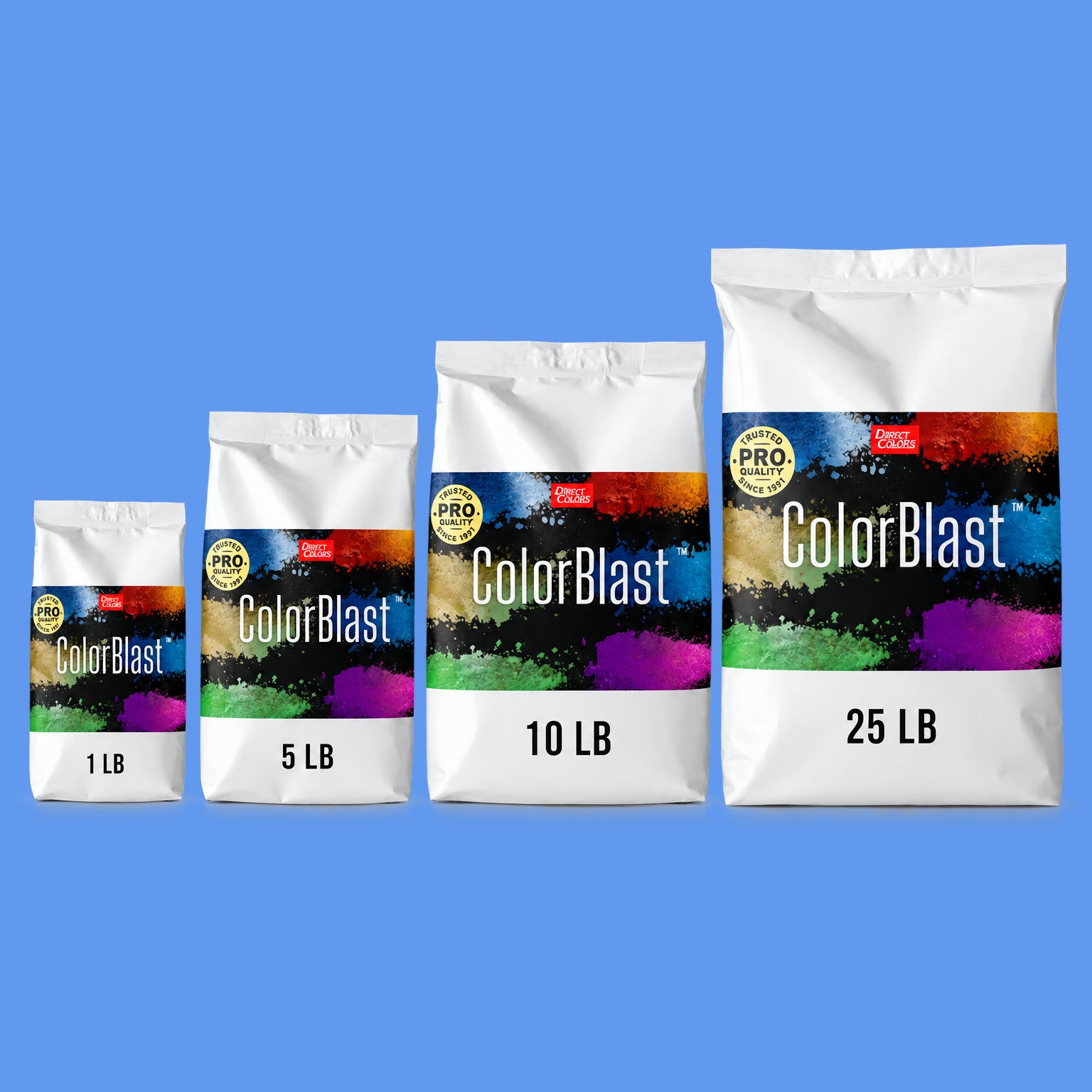 Slate Blue concrete pigment powder — Direct Colors color 202, 5 lb per 94 lb sack, cured over grey cement shown with the product bag