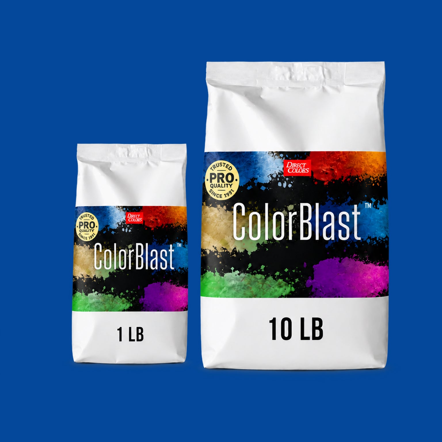 Midnight Blue concrete pigment powder — Direct Colors color 203, 3 lb per 94 lb sack, cured over grey cement shown with the product bag