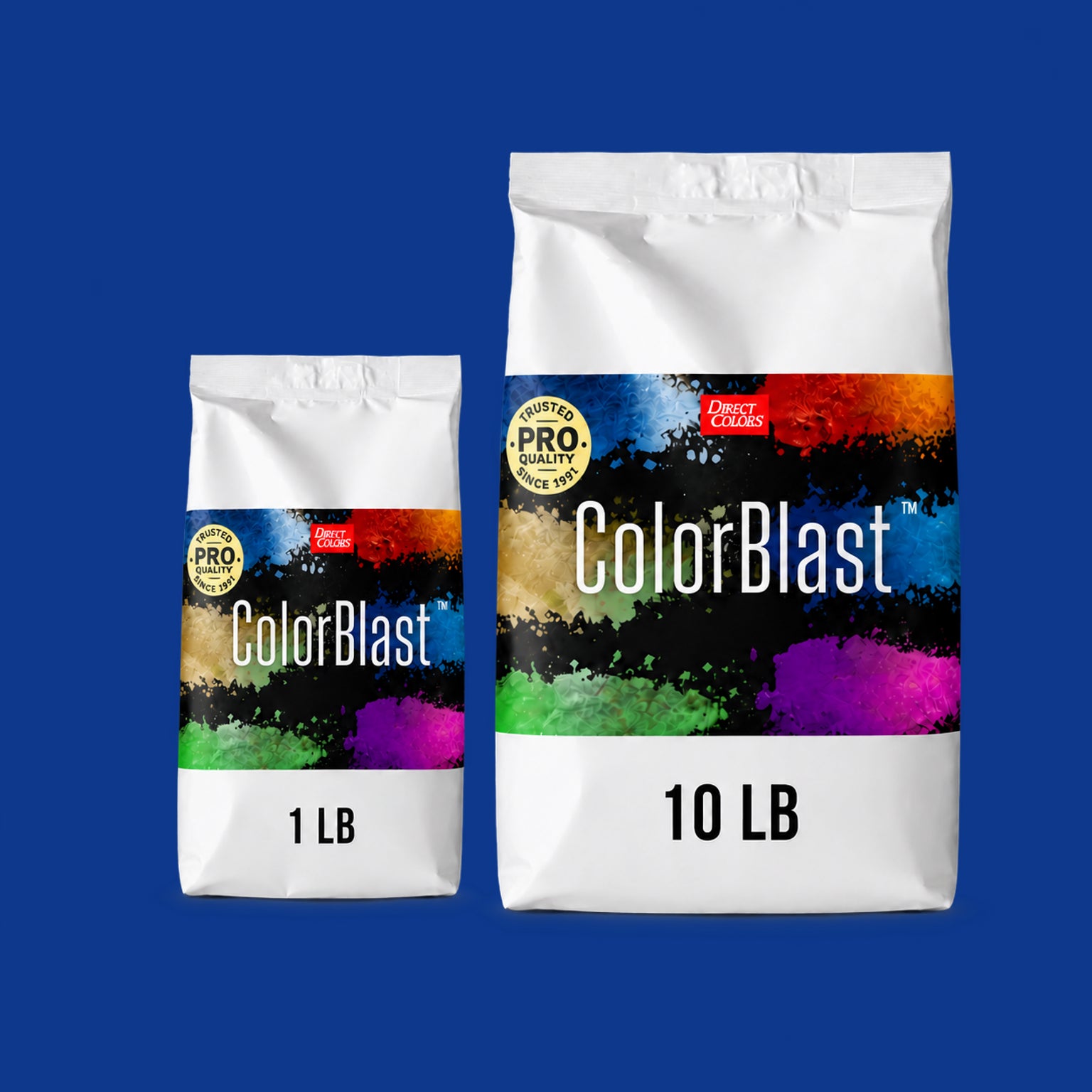 Persian Blue concrete pigment powder — Direct Colors color 203, 5 lb per 94 lb sack, cured over grey cement shown with the product bag