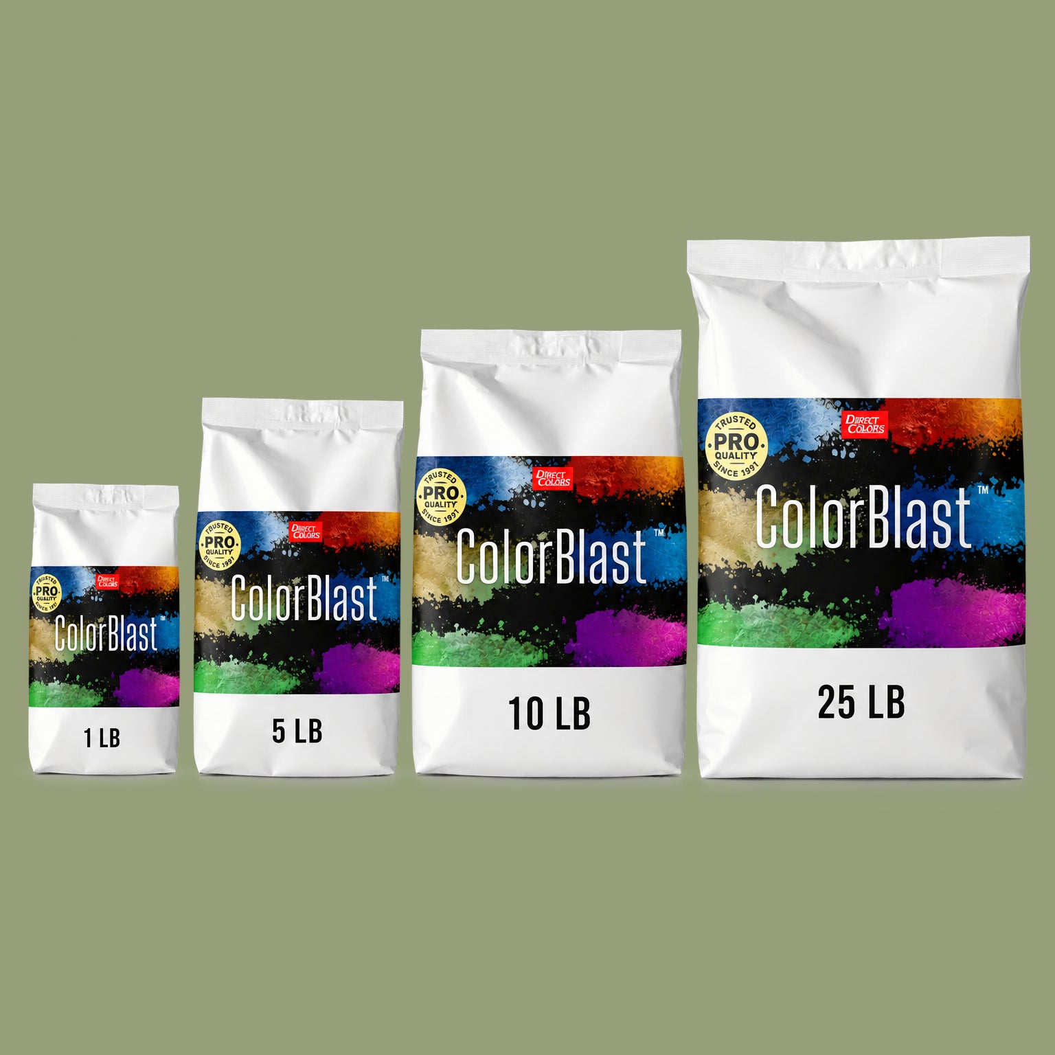 Sea Green concrete pigment powder — Direct Colors color 204, 1 lb per 94 lb sack, cured over grey cement shown with the product bag