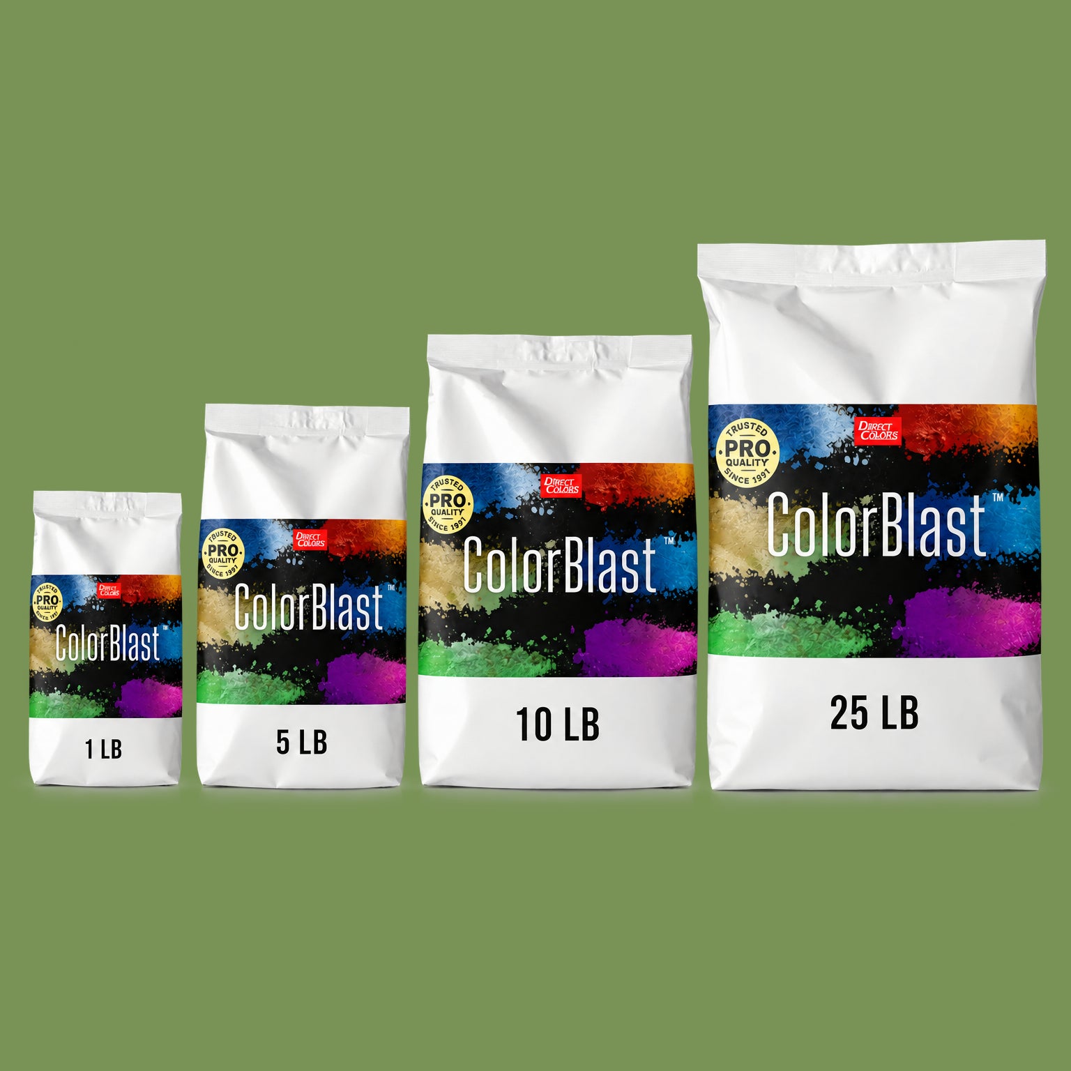 Forest Green concrete pigment powder — Direct Colors color 204, 5 lb per 94 lb sack, cured over grey cement shown with the product bag