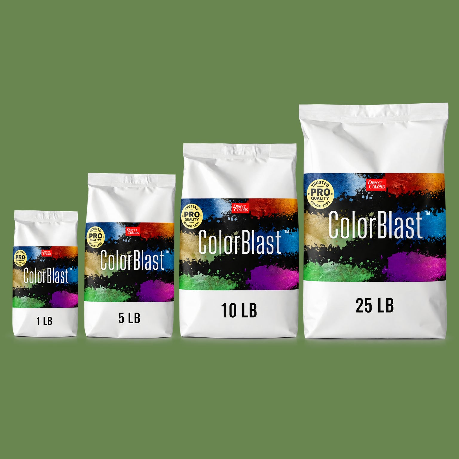 Fern concrete pigment powder — Direct Colors color 204, 7 lb per 94 lb sack, cured over grey cement shown with the product bag