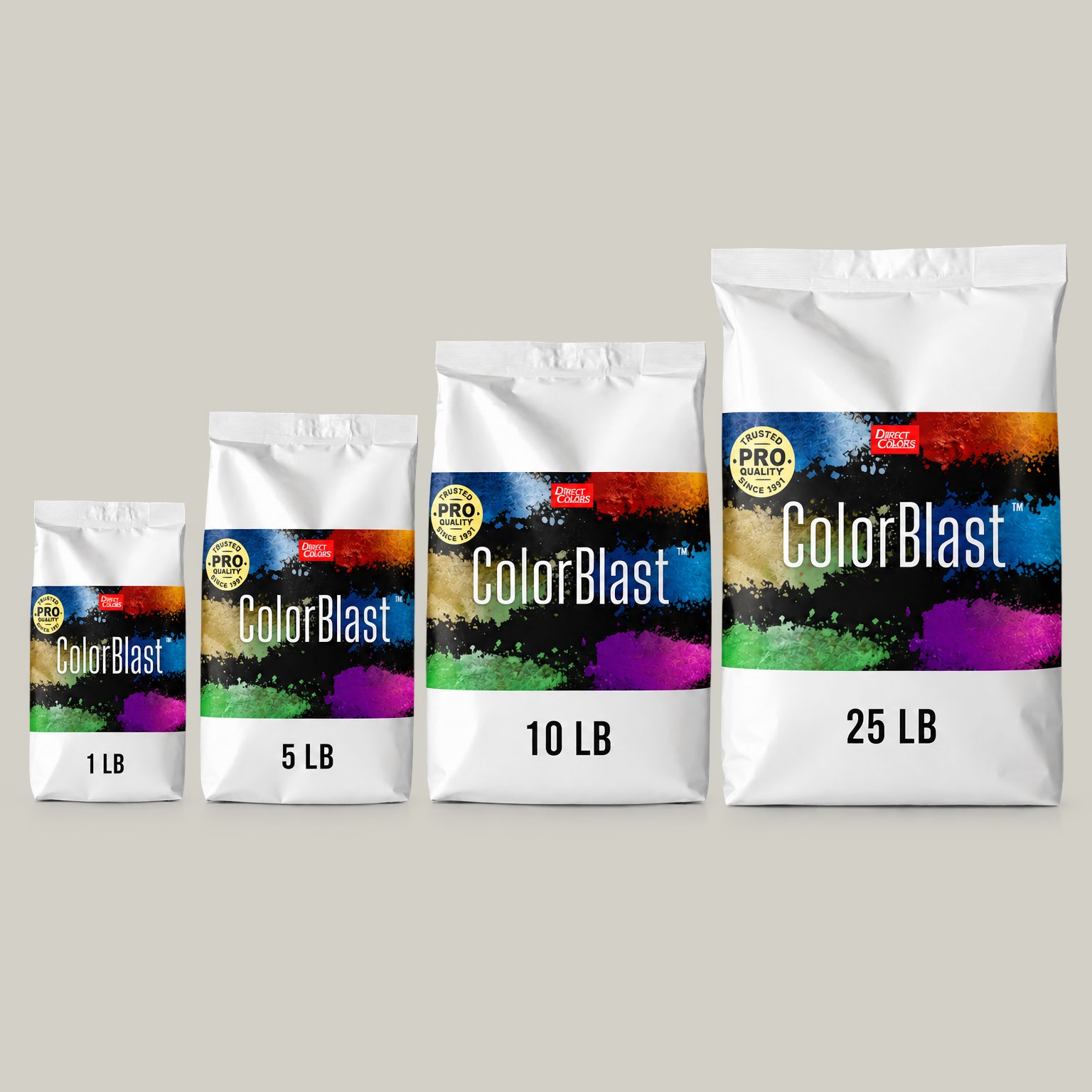 Ash concrete pigment powder — Direct Colors color 205, 5 lb per 94 lb sack, cured over grey cement shown with the product bag