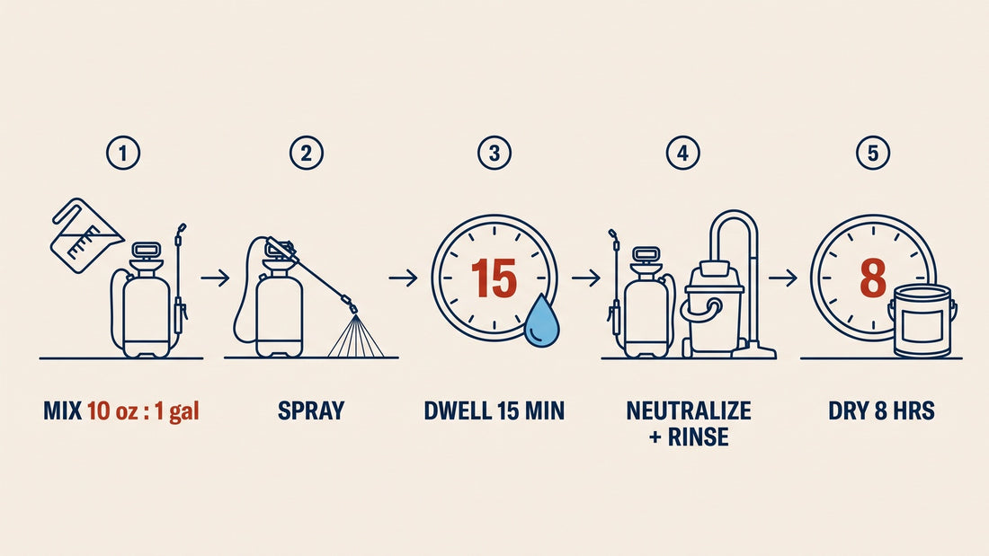 Five-step concrete etching sequence: mix 10 oz per gallon of water, spray, dwell 15 minutes, neutralize and rinse, then dry 8 hours