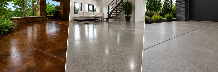 Three-panel hero showing the Direct Colors decorative concrete sealer system in use: stained outdoor patio finished with EasySeal solvent-based acrylic sealer, polished interior floor coated with HydroCryl water-based sealer, and a natural-finish driveway protected with ProSeal Li penetrating water-based polymer sealer