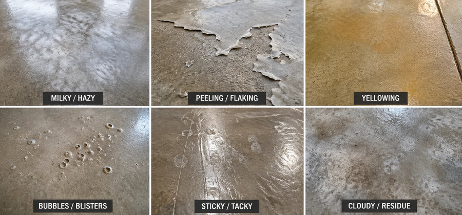 Diagnostic grid of common concrete sealer failures: milky white, peeling, yellowing, bubbles, sticky, and cloudy