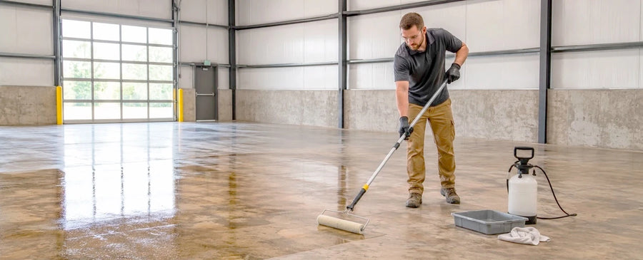 Decorative concrete contractor applying a Direct Colors sealer on a commercial slab