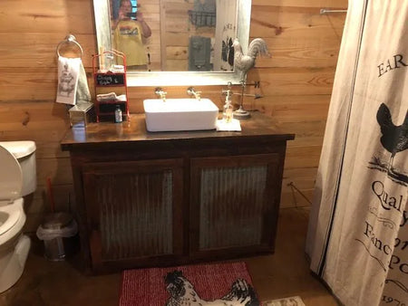 everstain acid stain barndominium concrete floor coffee brown bathroom countertop vanity