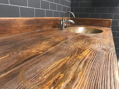 Concrete bathroom vanity stained to look like wood grain