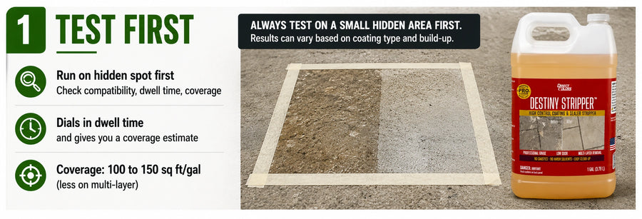 Step 1 of the Destiny Stripper process: applying the product to a small hidden test patch on a concrete slab to confirm effectiveness and dial in dwell time