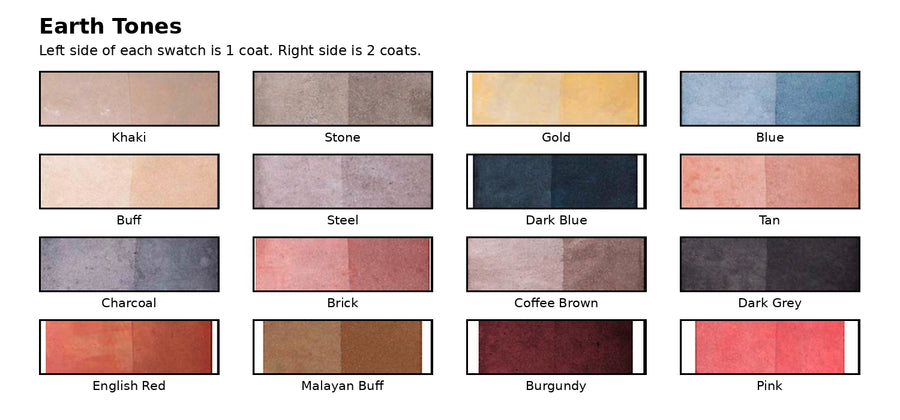 ProSeal Li Tinted Earth Tones color card showing 16 colors, each one coat vs two coats on concrete
