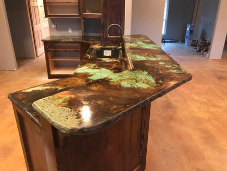 Azure Blue, Coffee Brown, Blackish and Cola Acid Stains on White Concrete Countertops
